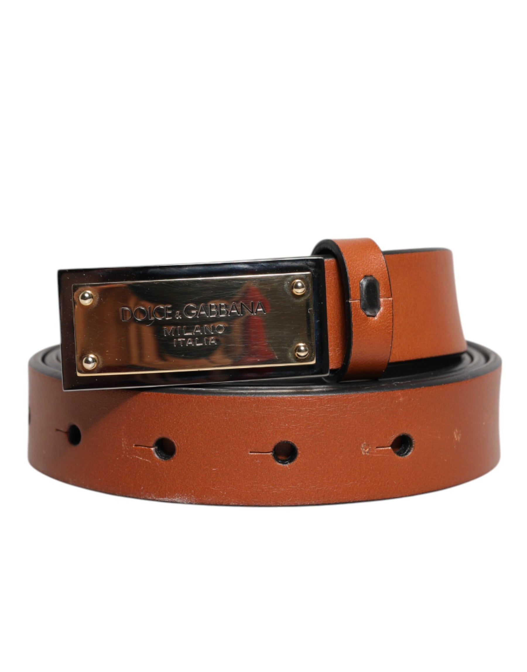 Dolce & Gabbana Brown Leather Gold Rectangle Buckle Belt | Regal Royce