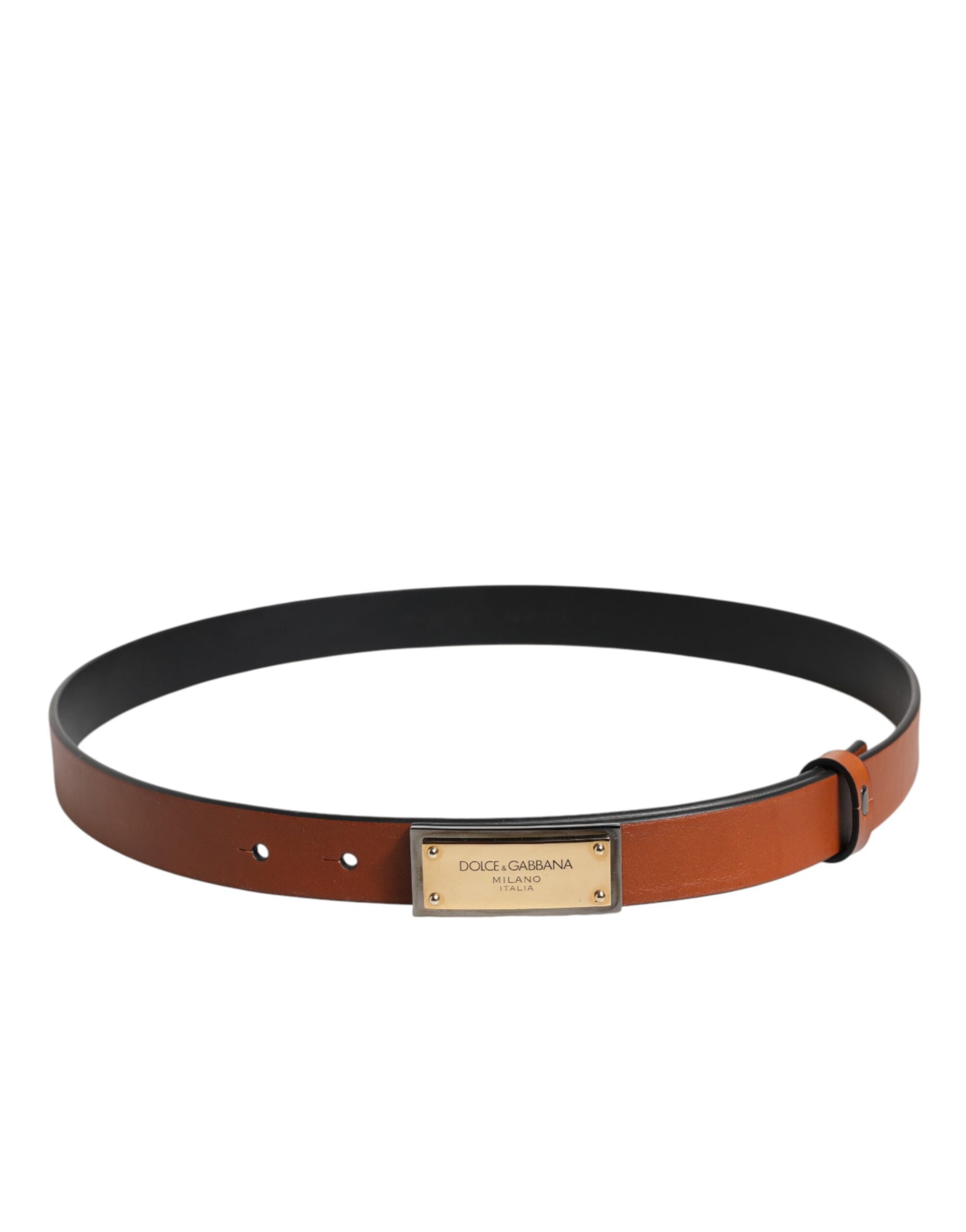 Dolce & Gabbana Brown Leather Gold Rectangle Buckle Belt | Regal Royce