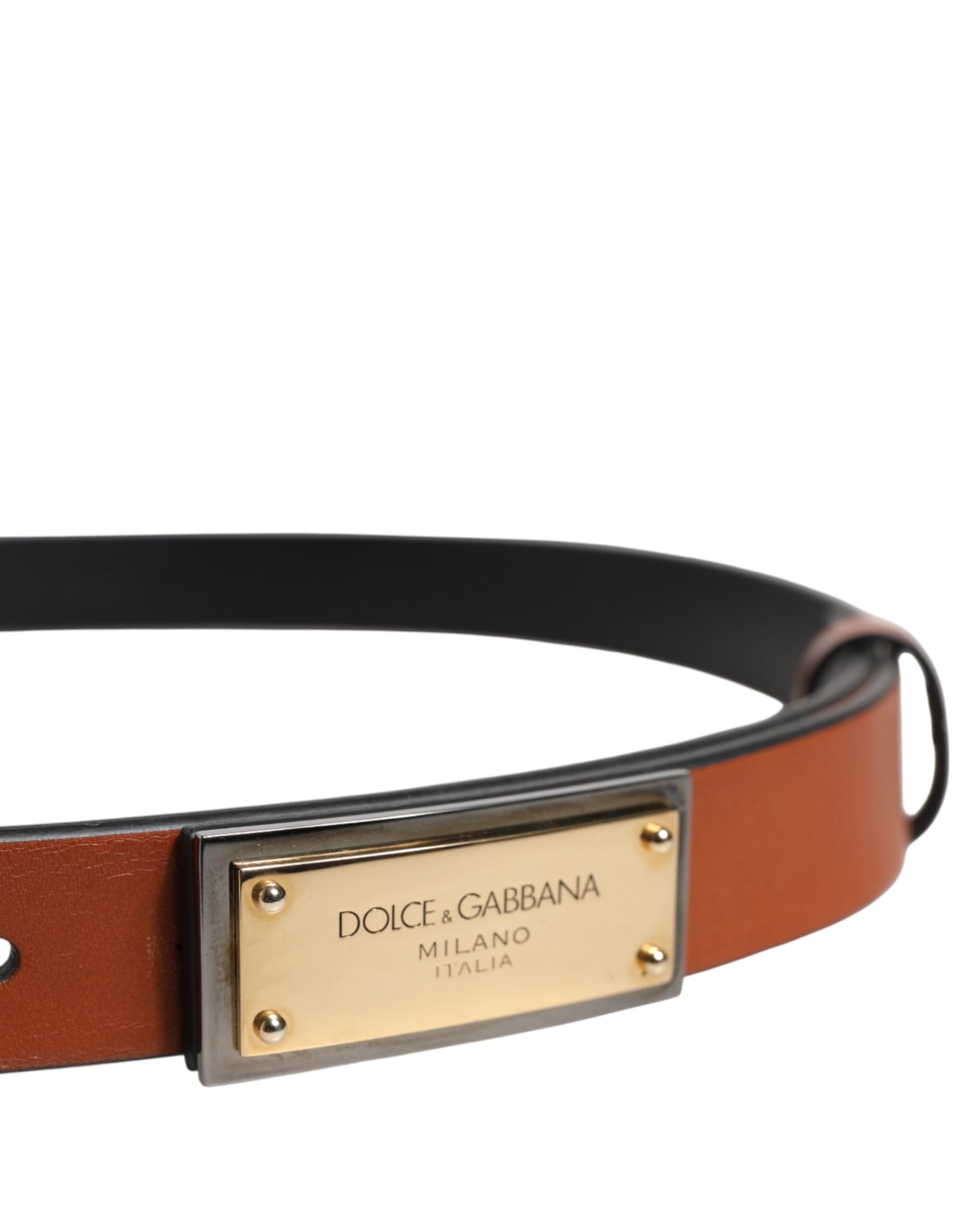 Dolce & Gabbana Brown Leather Gold Rectangle Buckle Belt | Regal Royce