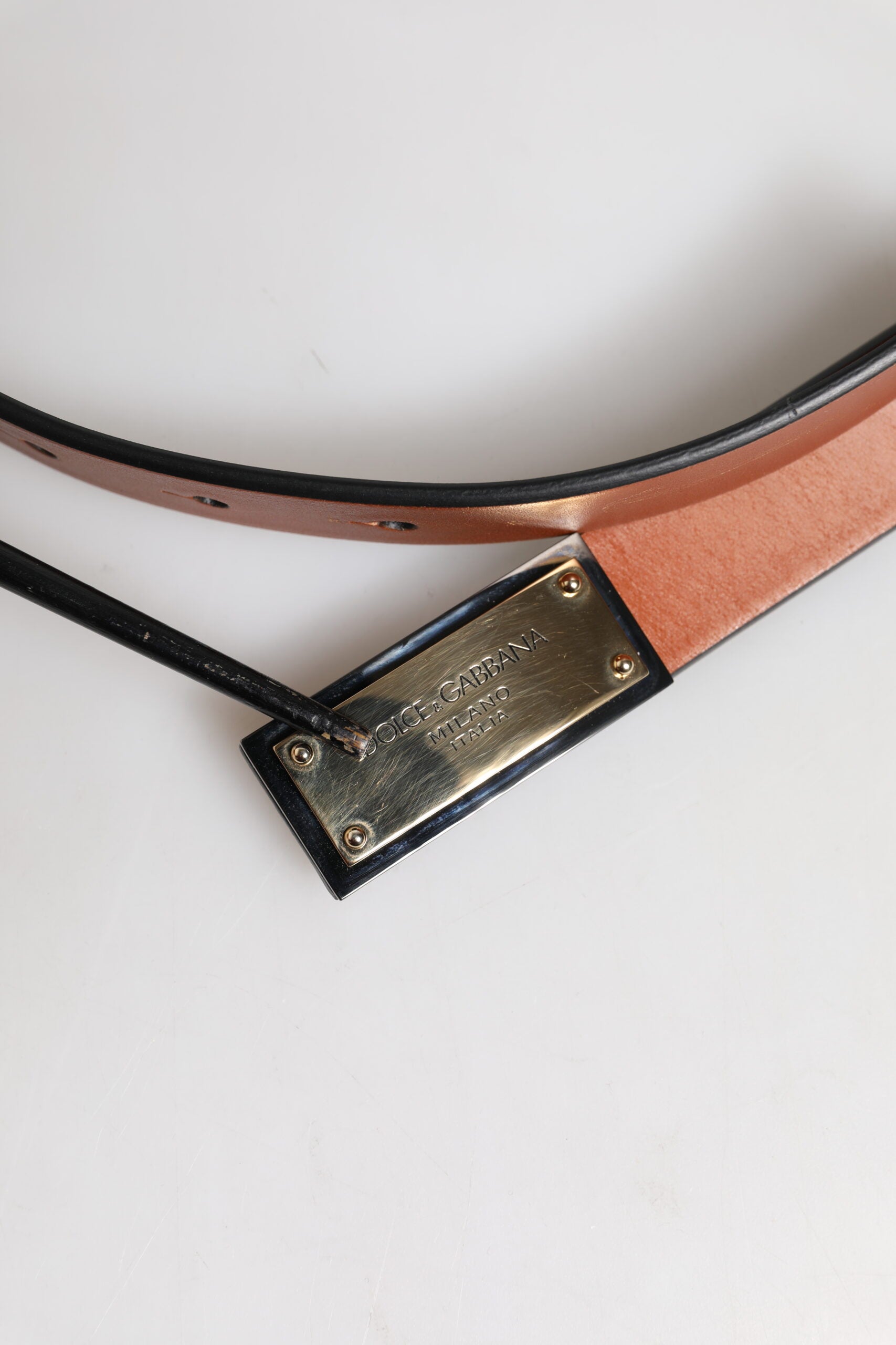 Dolce & Gabbana Brown Leather Gold Rectangle Buckle Belt | Regal Royce