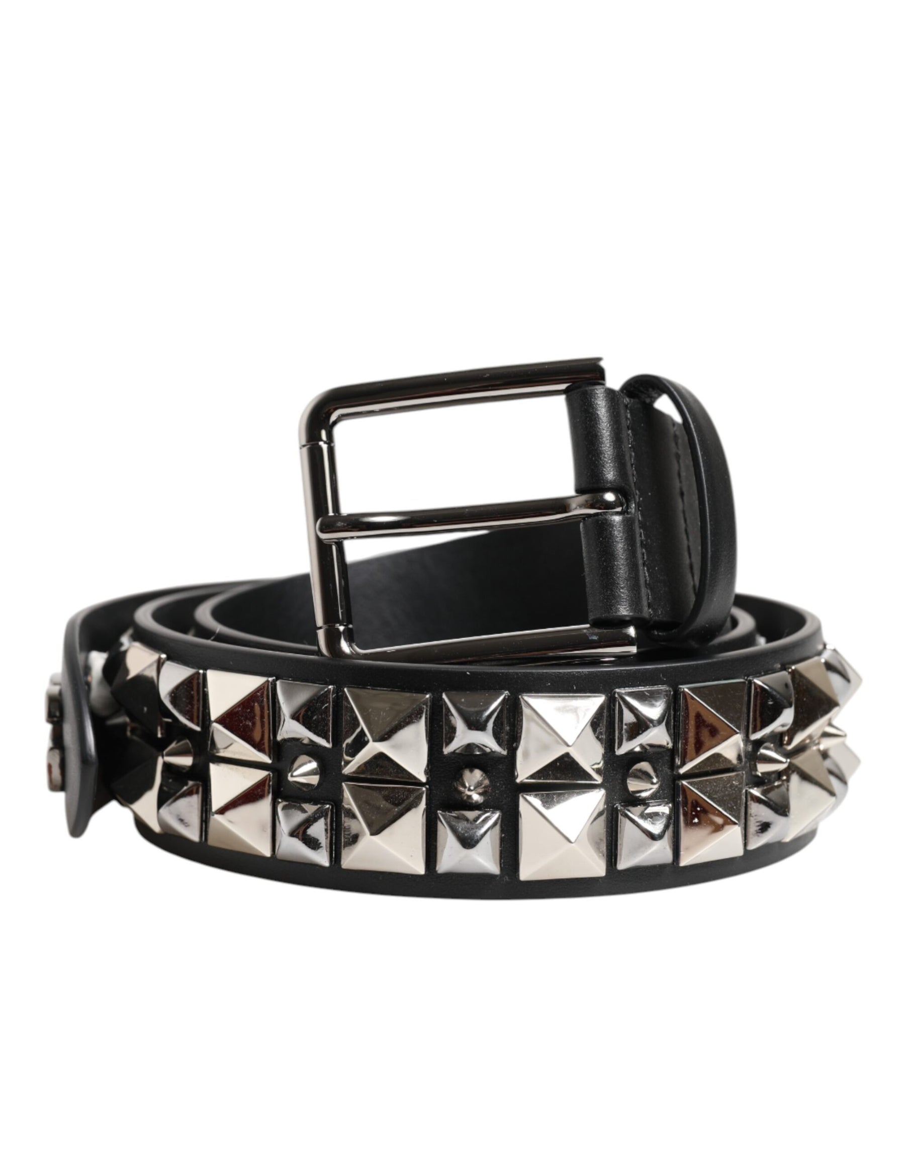 Dolce & Gabbana Black Calf Leather Studded Silver Buckle Belt | Regal Royce