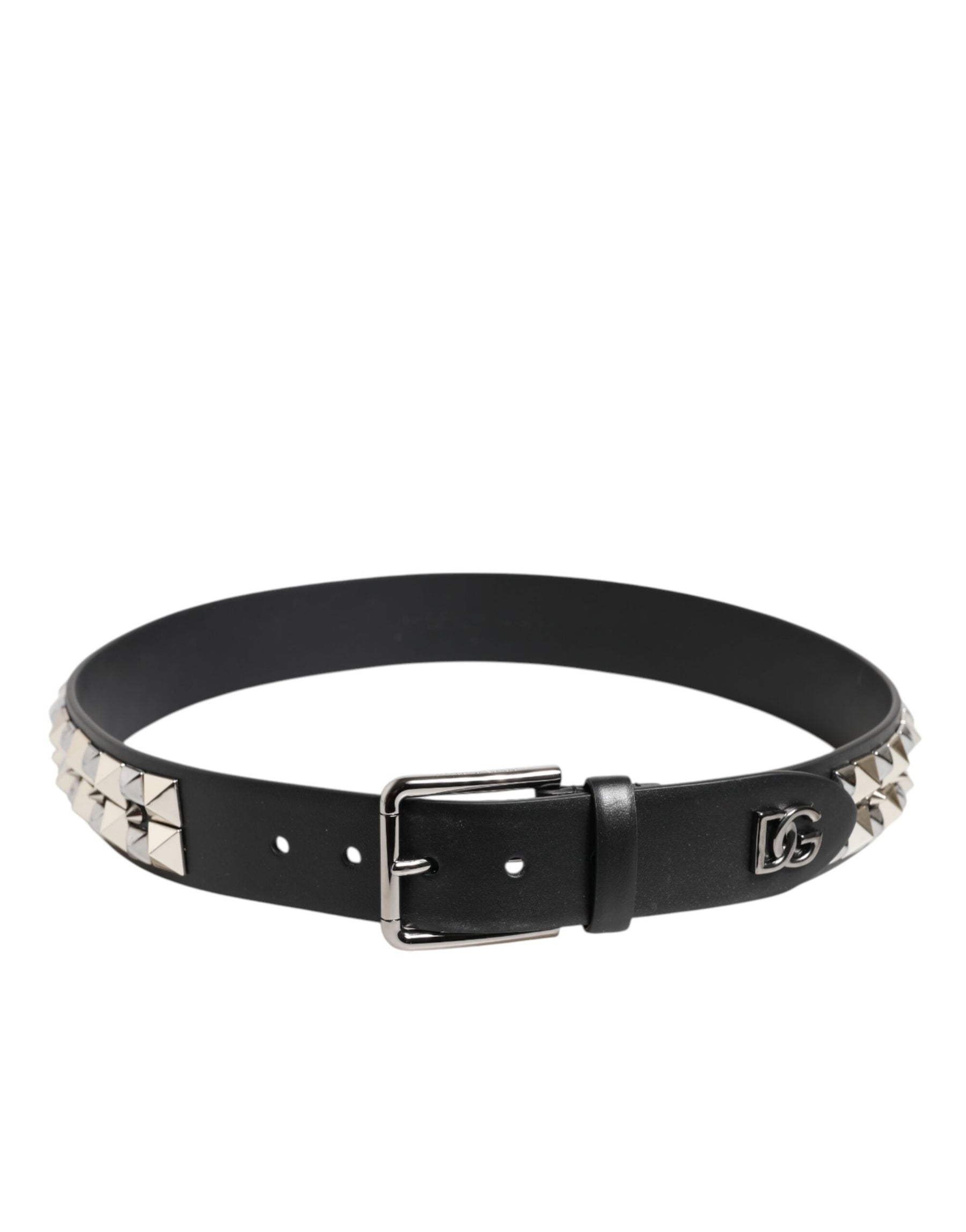 Dolce & Gabbana Black Calf Leather Studded Silver Buckle Belt | Regal Royce