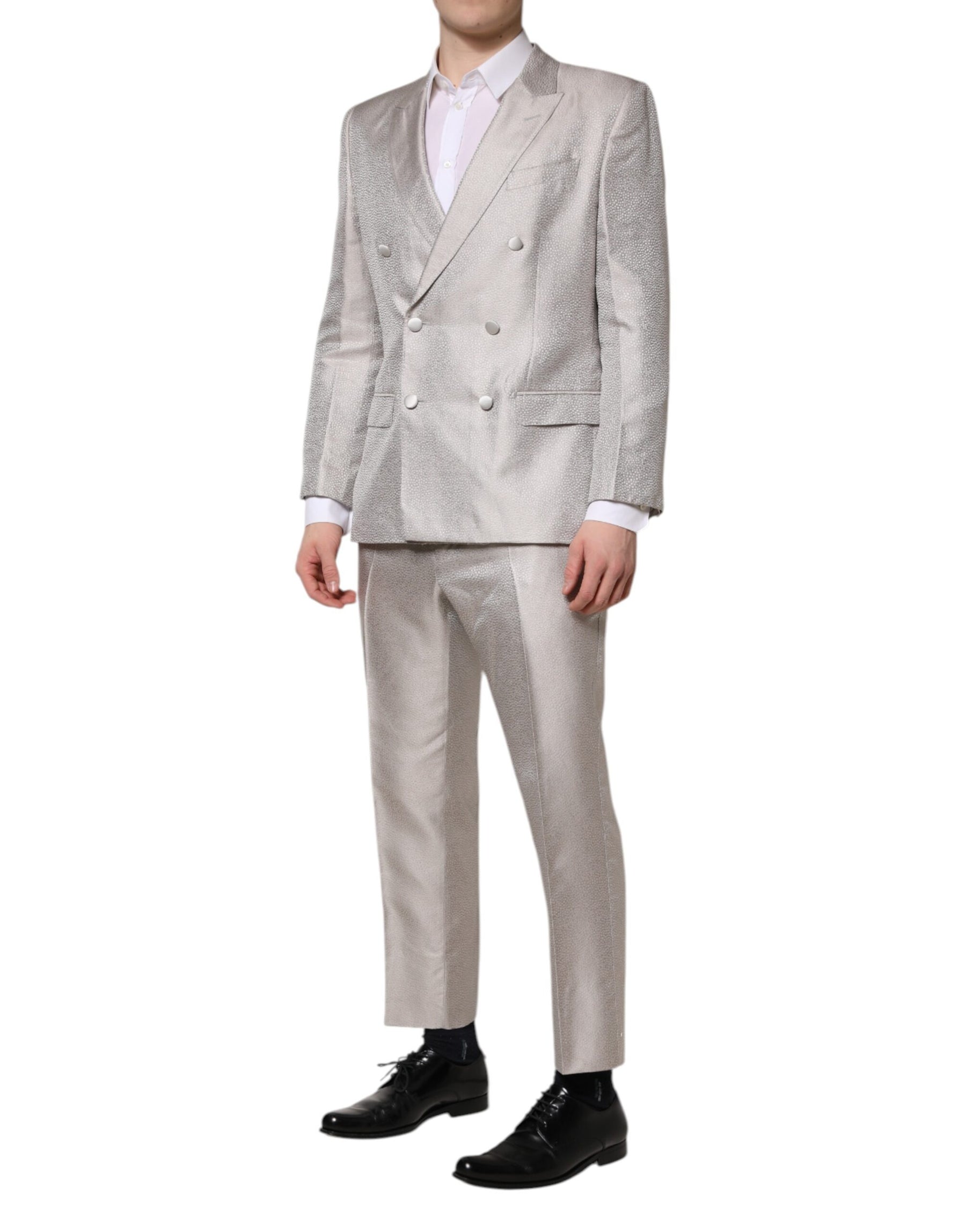 Dolce & Gabbana Light Gray Jacquard Silk Dotted 2 Piece Suit | Regal Royce