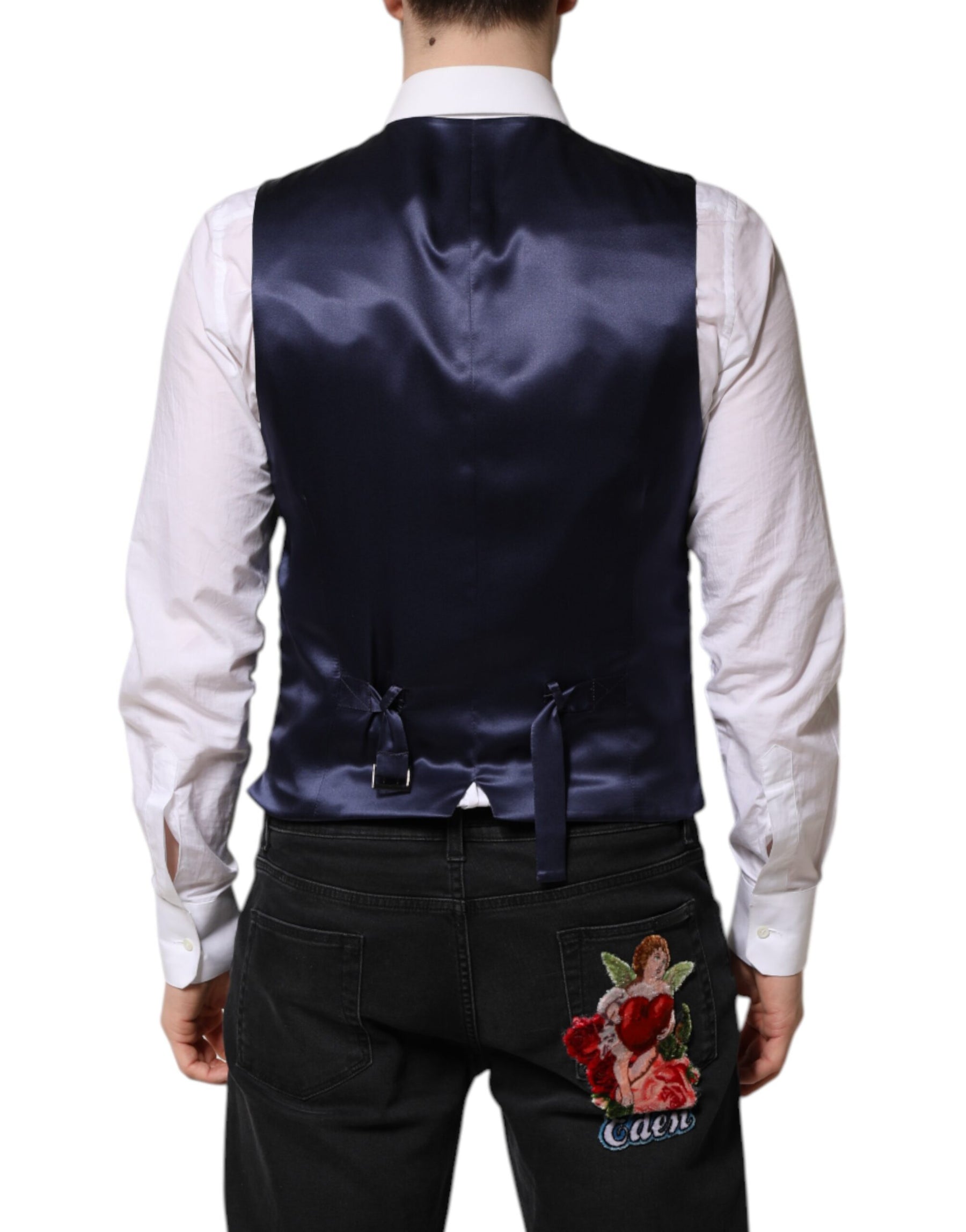 Dolce & Gabbana Dark Blue Logo Wool Formal Men Waistcoat Vest | Regal Royce