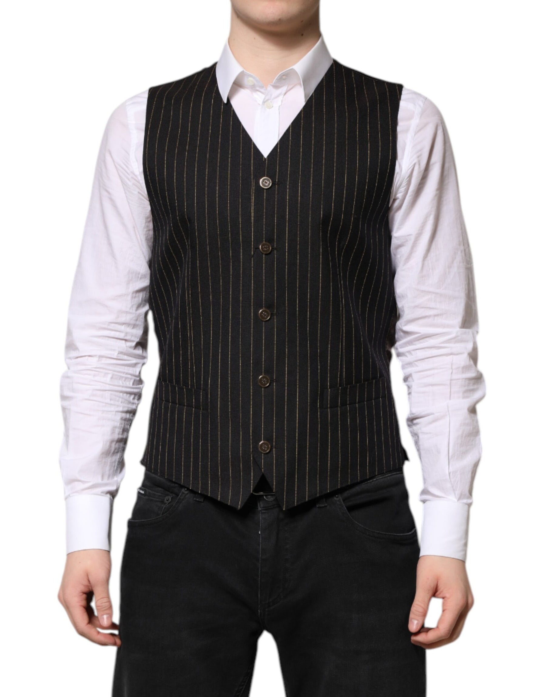 Dolce & Gabbana Black Stripes Wool Formal Men Waistcoat Vest | Regal Royce