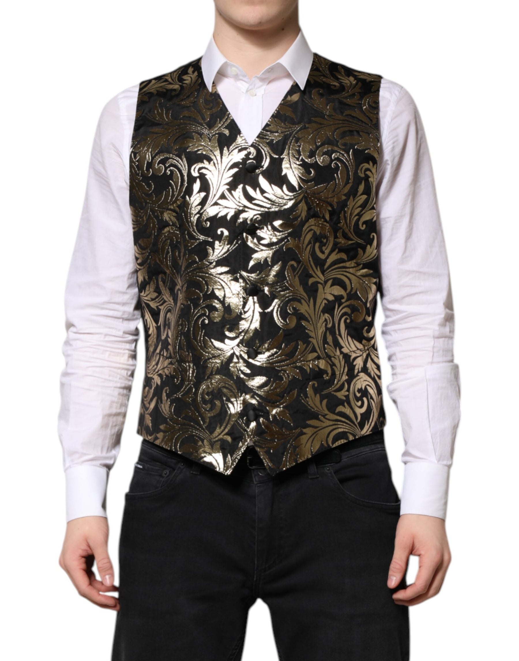 Dolce & Gabbana Black Gold Jacquard Formal Men Waistcoat Vest | Regal Royce