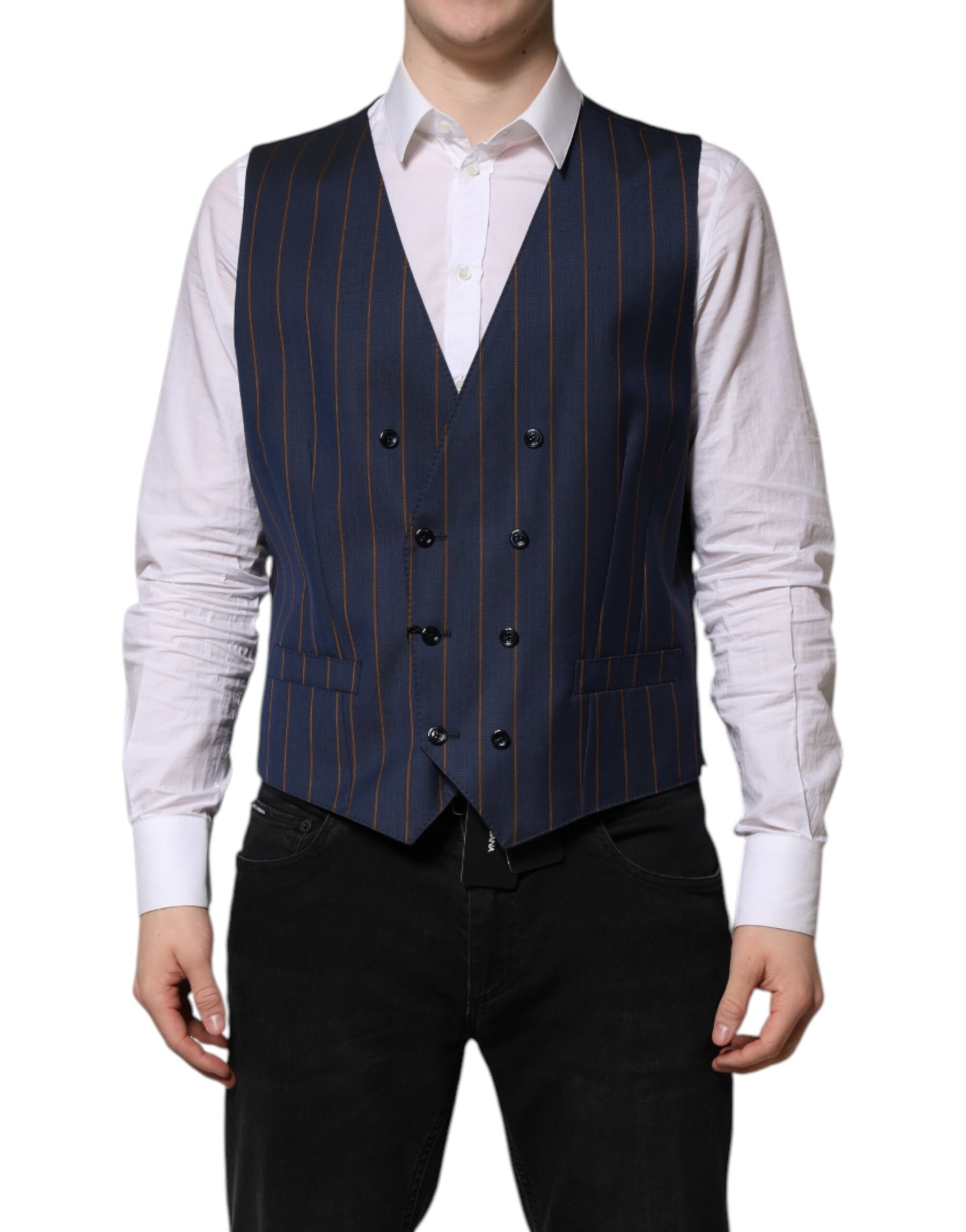 Dolce & Gabbana Blue Stripes Wool Formal Men Waistcoat Vest | Regal Royce