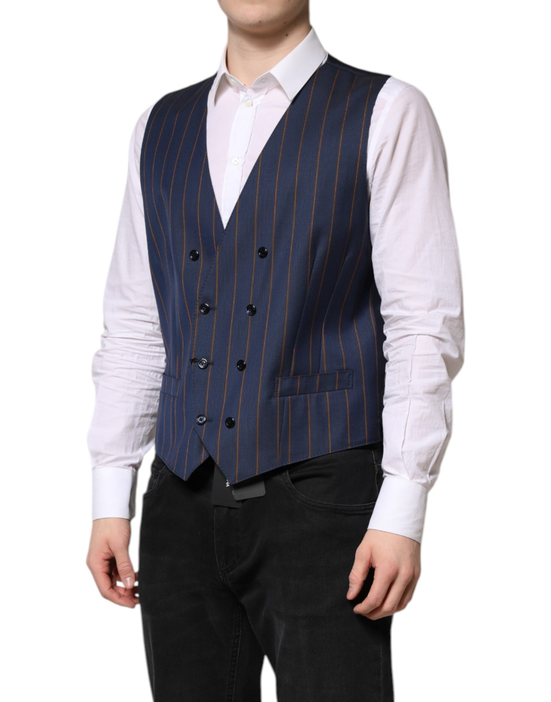Dolce & Gabbana Blue Stripes Wool Formal Men Waistcoat Vest | Regal Royce