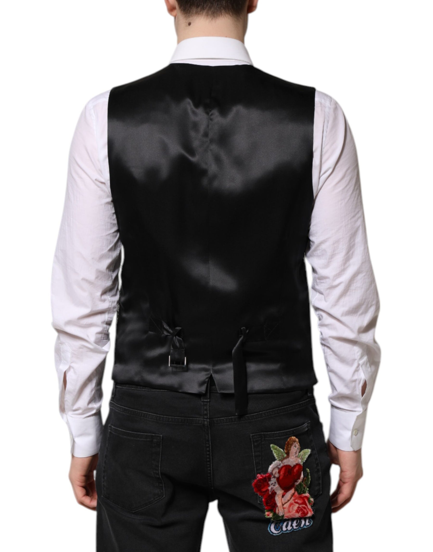 Dolce & Gabbana Black Gray Brocade Formal Men Waistcoat Vest | Regal Royce