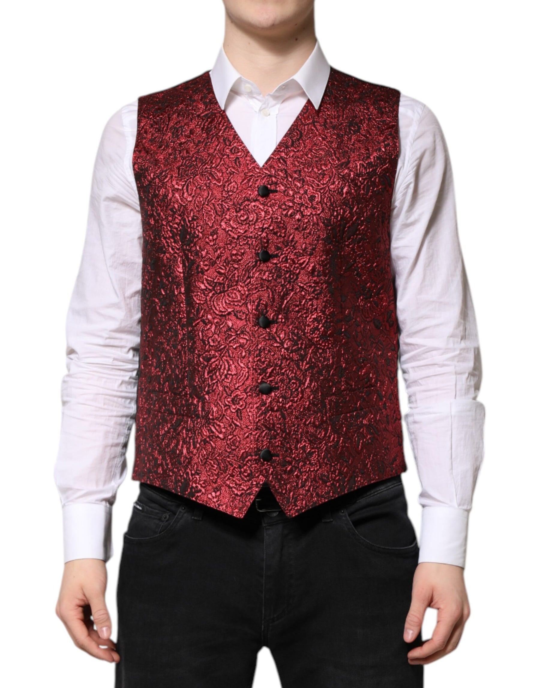 Dolce & Gabbana Red Floral Brocade Formal Men Waistcoat Vest | Regal Royce