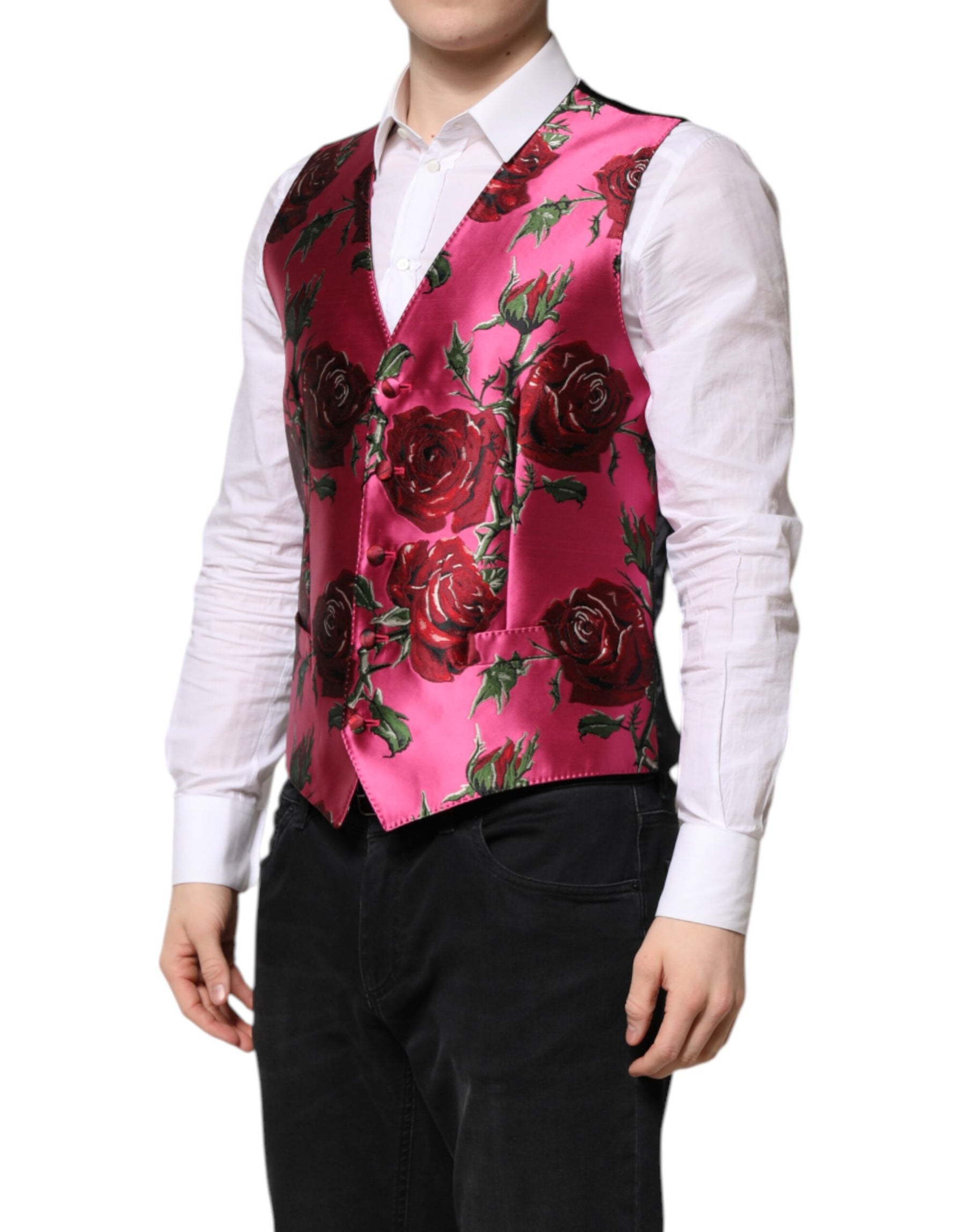 Dolce & Gabbana Pink Floral Satin Formal Men Waistcoat Vest | Regal Royce