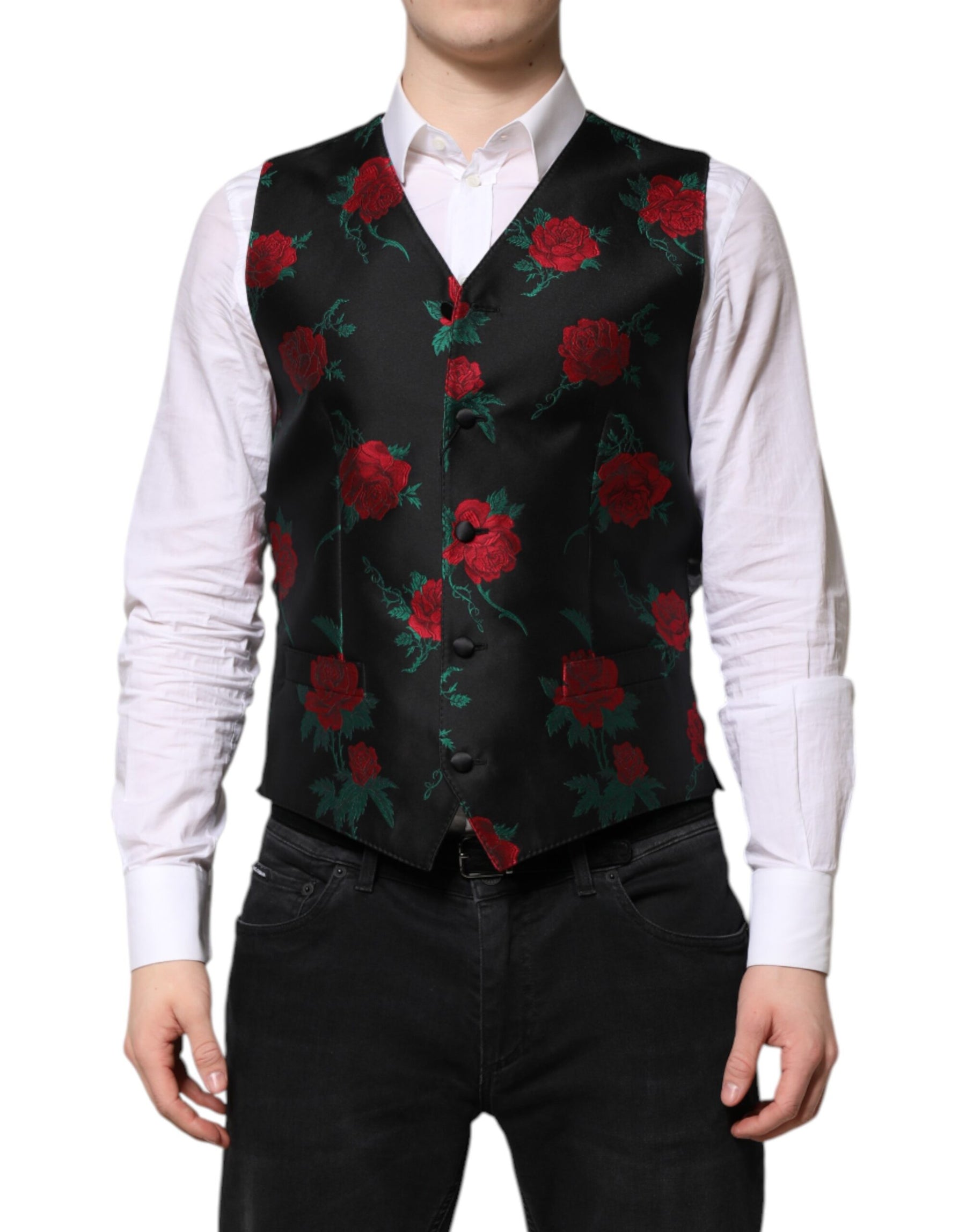 Dolce & Gabbana Red Floral Brocade Formal Men Waistcoat Vest | Regal Royce