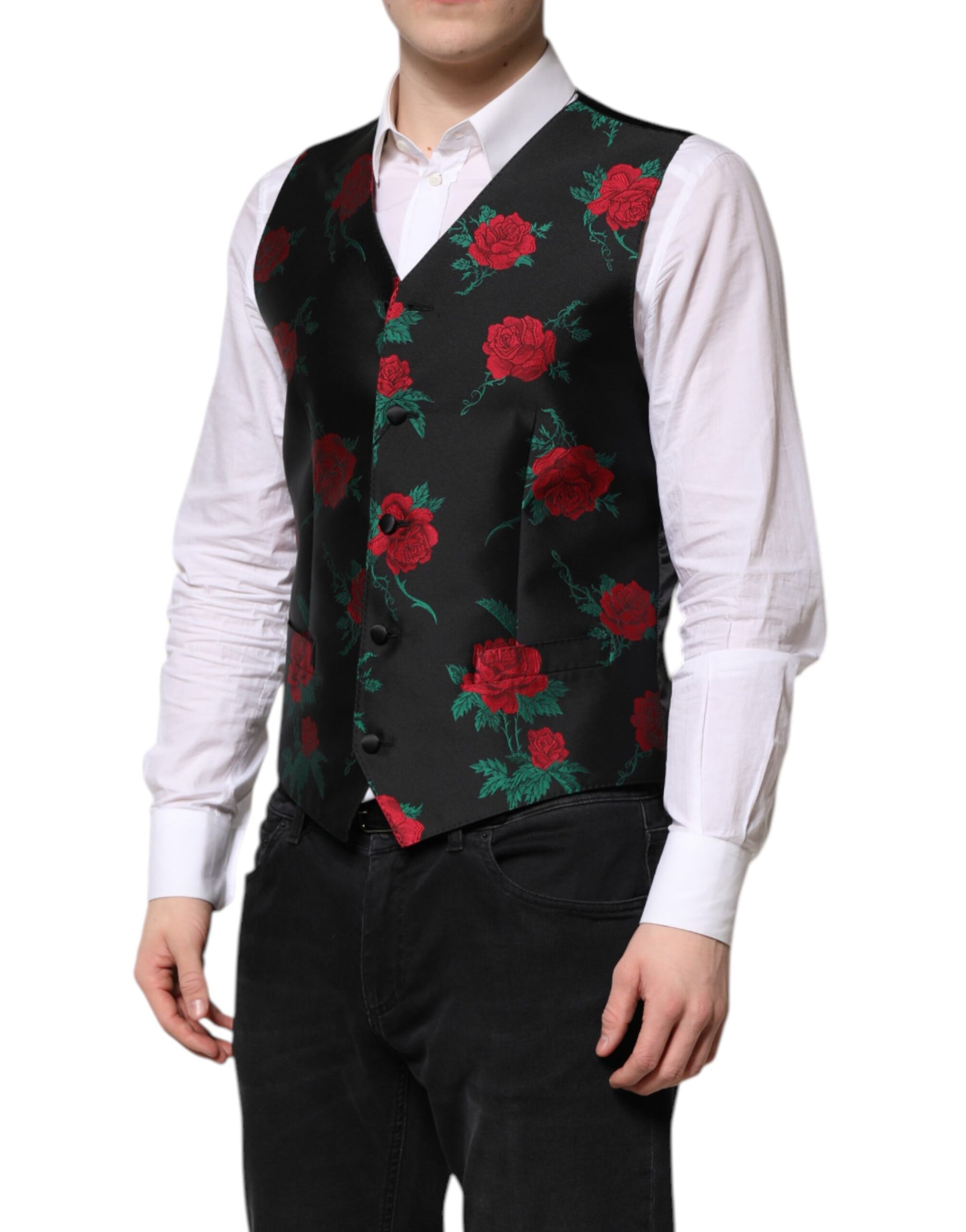 Dolce & Gabbana Red Floral Brocade Formal Men Waistcoat Vest | Regal Royce