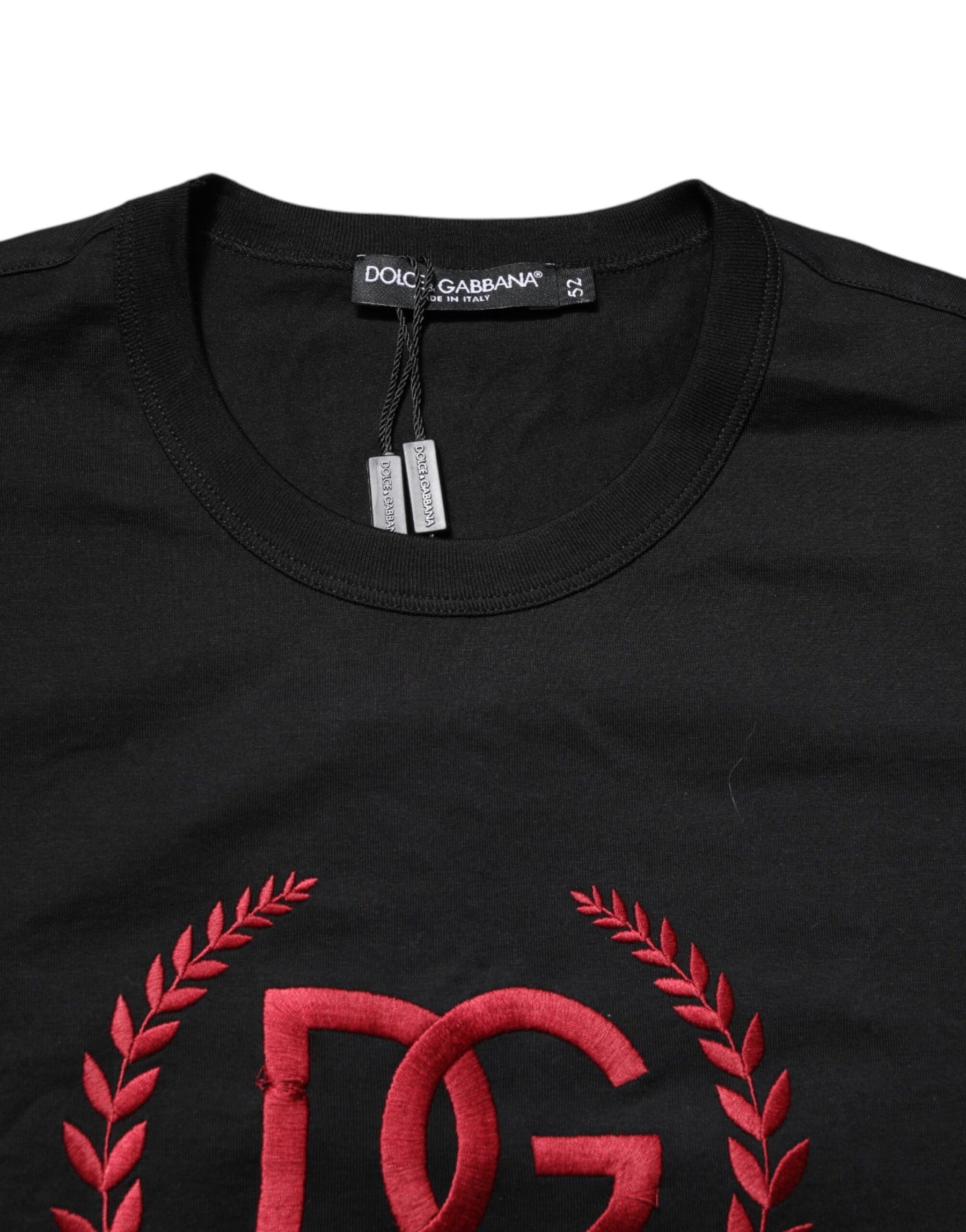 Dolce & Gabbana Black Cotton Embroidered Crew Neck T-shirt | Regal Royce