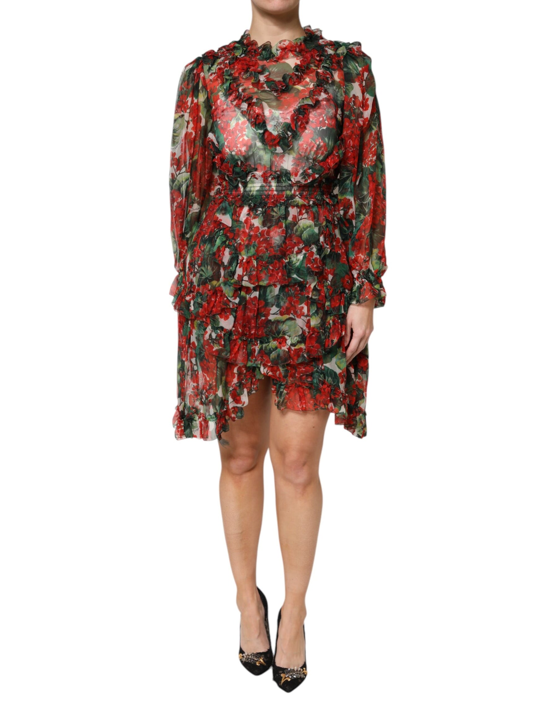 Dolce & Gabbana Multicolor Ruffle Floral Long Sleeves Dress | Regal Royce