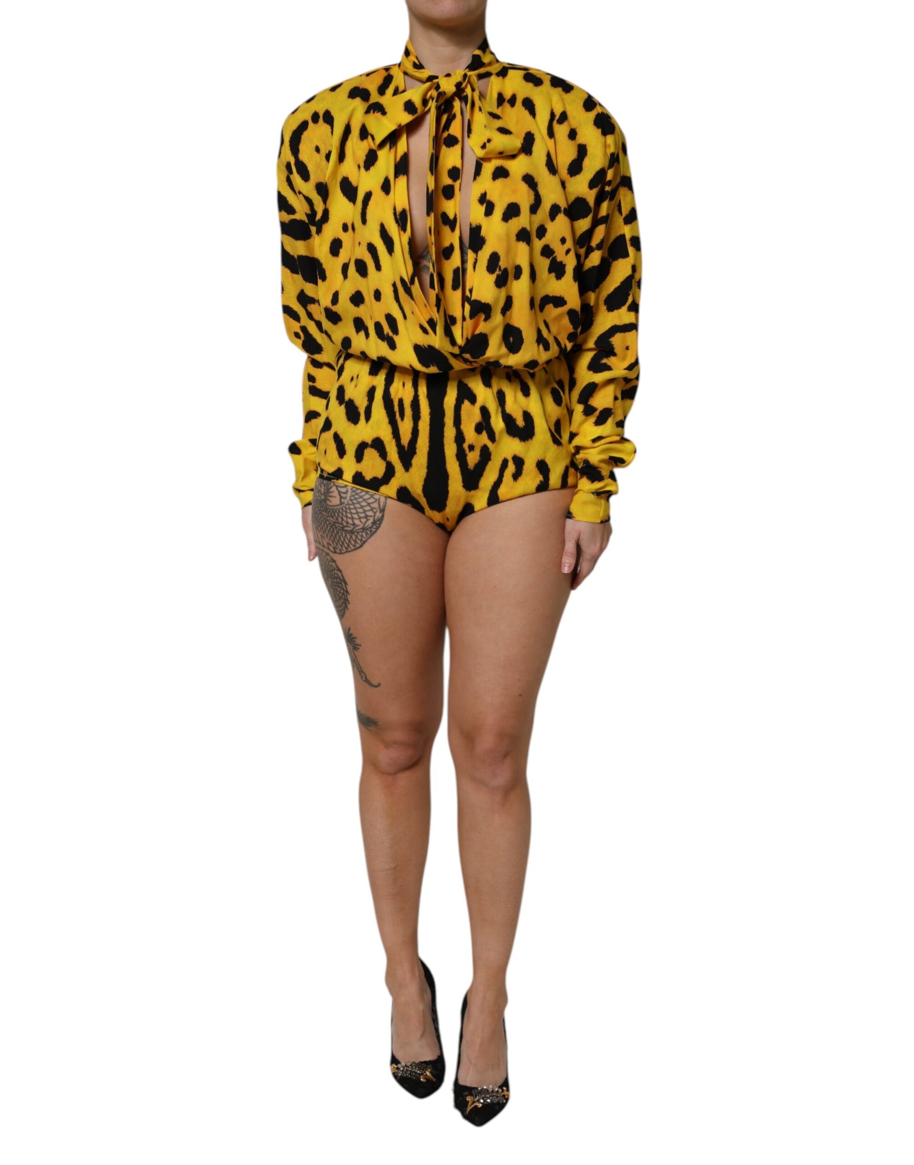 Dolce & Gabbana Yellow Leopard Long Sleeves Jumpsuit Dress | Regal Royce