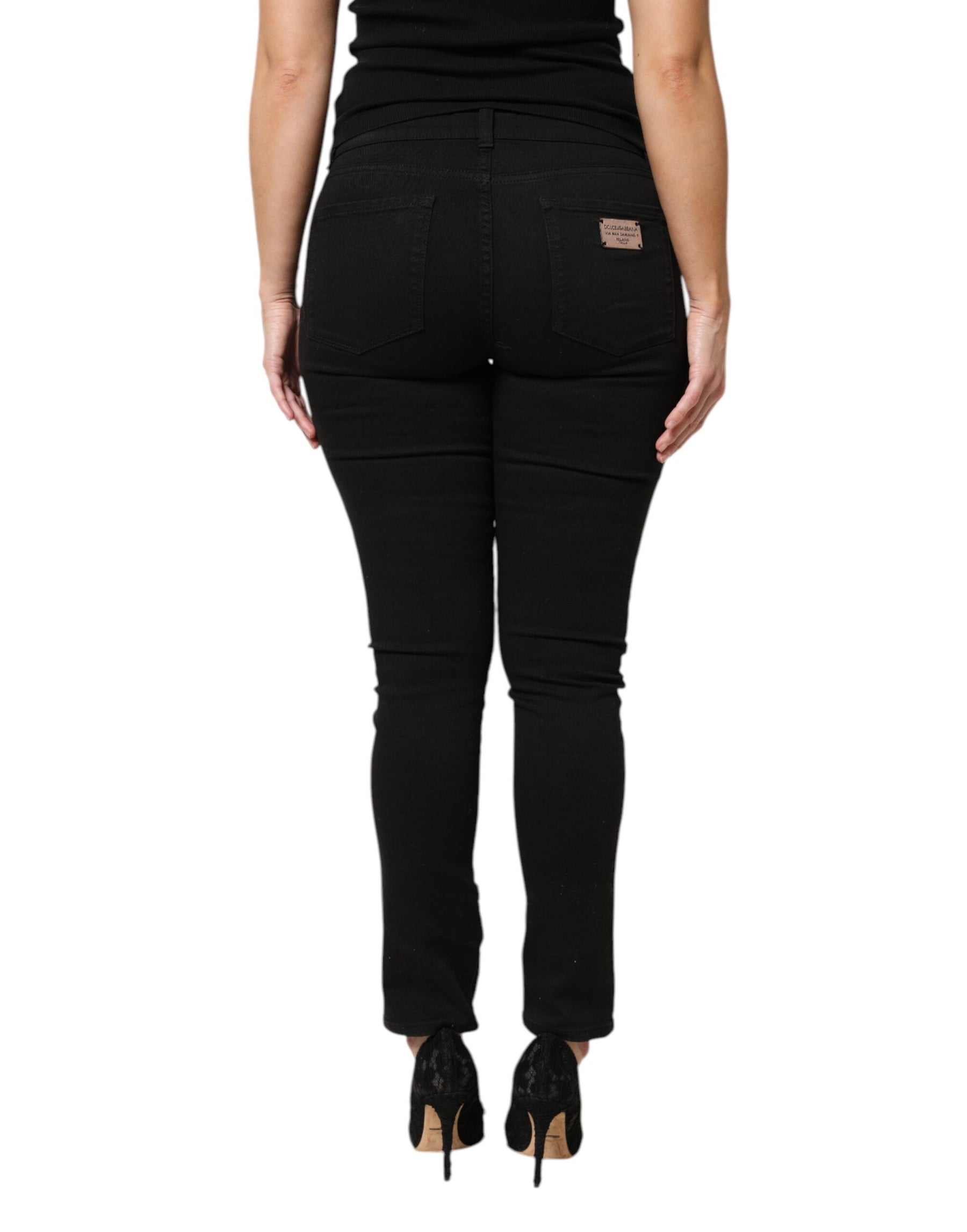 Dolce & Gabbana Black Cotton Logo Mid Waist Skinny Denim Jeans | Regal Royce