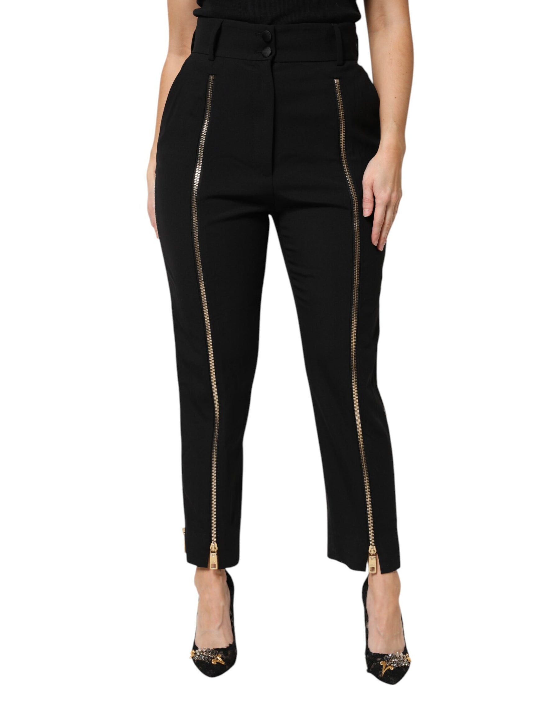 Dolce & Gabbana Black Wool High Waist Zipper Tapered Pants | Regal Royce