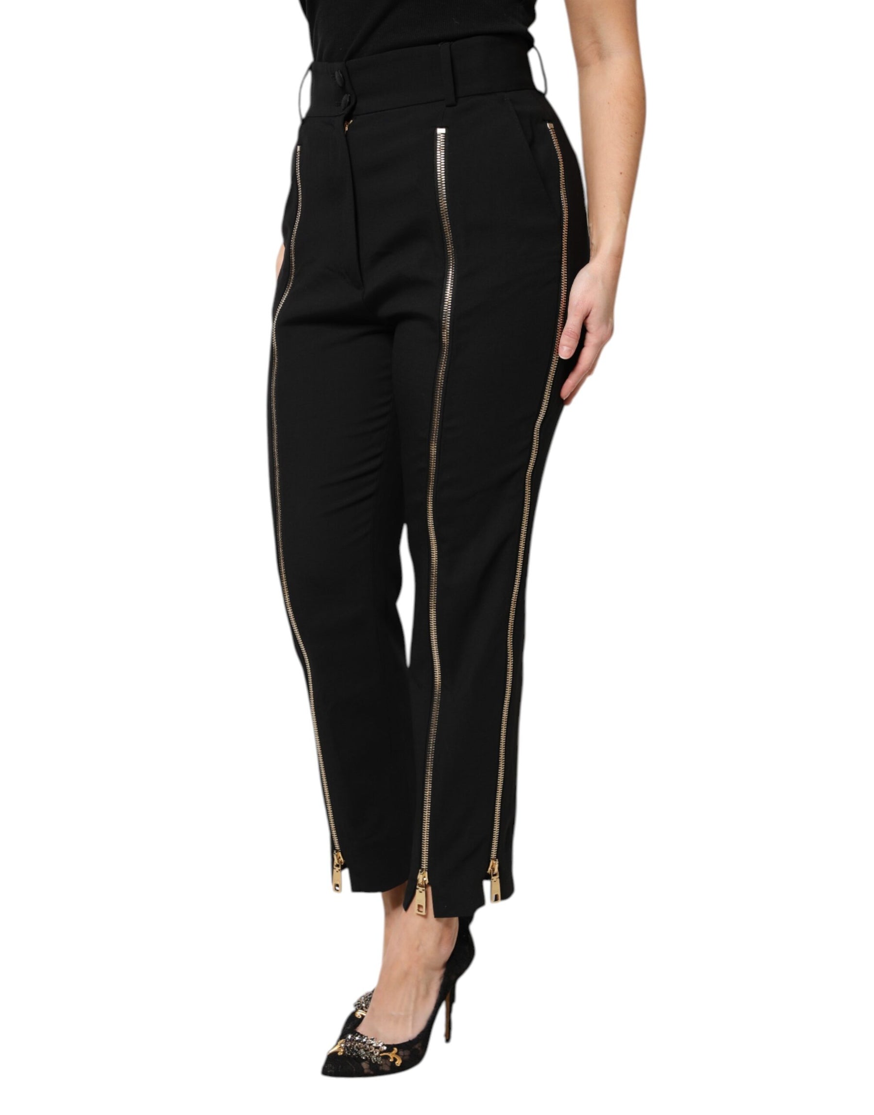 Dolce & Gabbana Black Wool High Waist Zipper Tapered Pants | Regal Royce