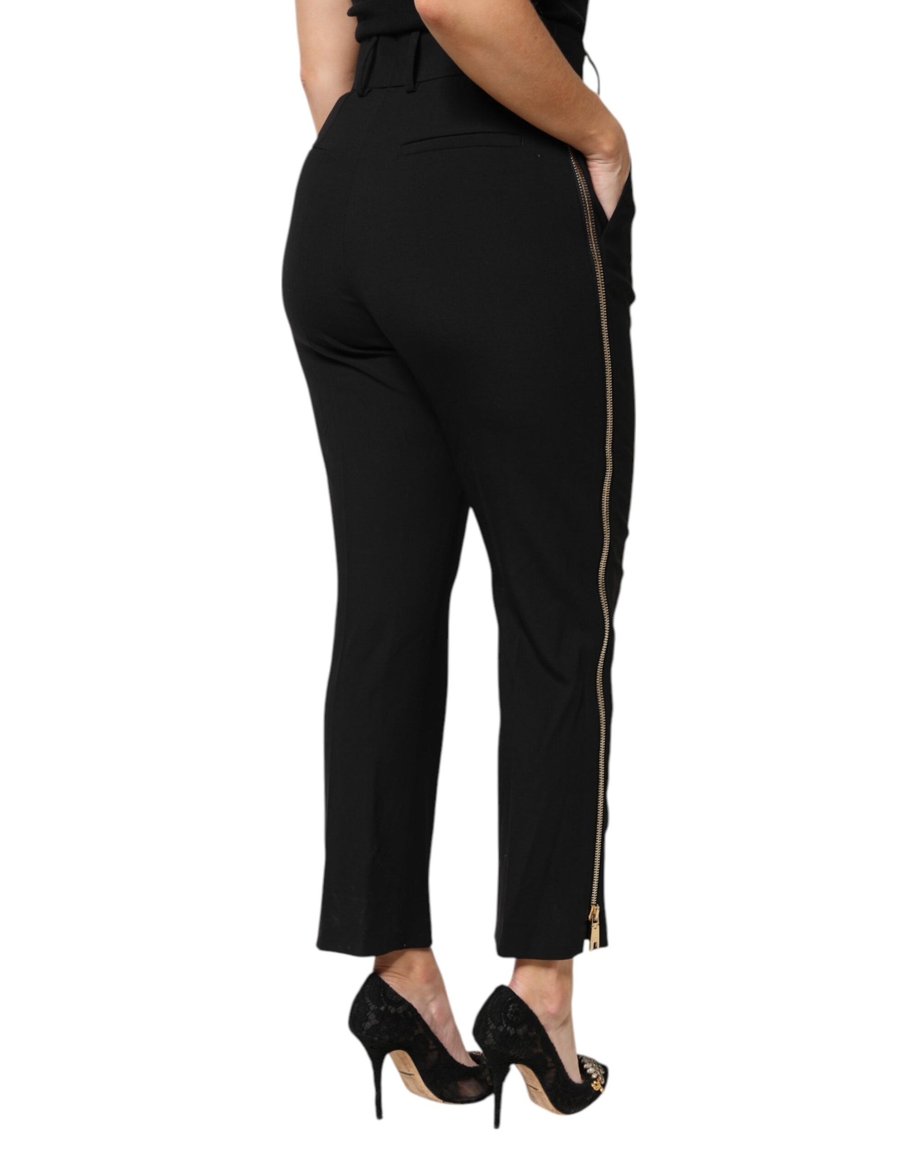 Dolce & Gabbana Black Wool High Waist Zipper Tapered Pants | Regal Royce