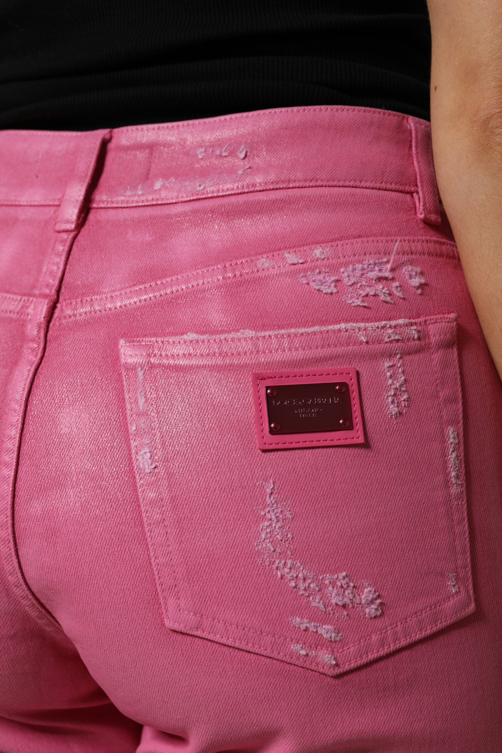 Dolce & Gabbana Pink Tattered Mid Waist Tapered Denim Jeans | Regal Royce