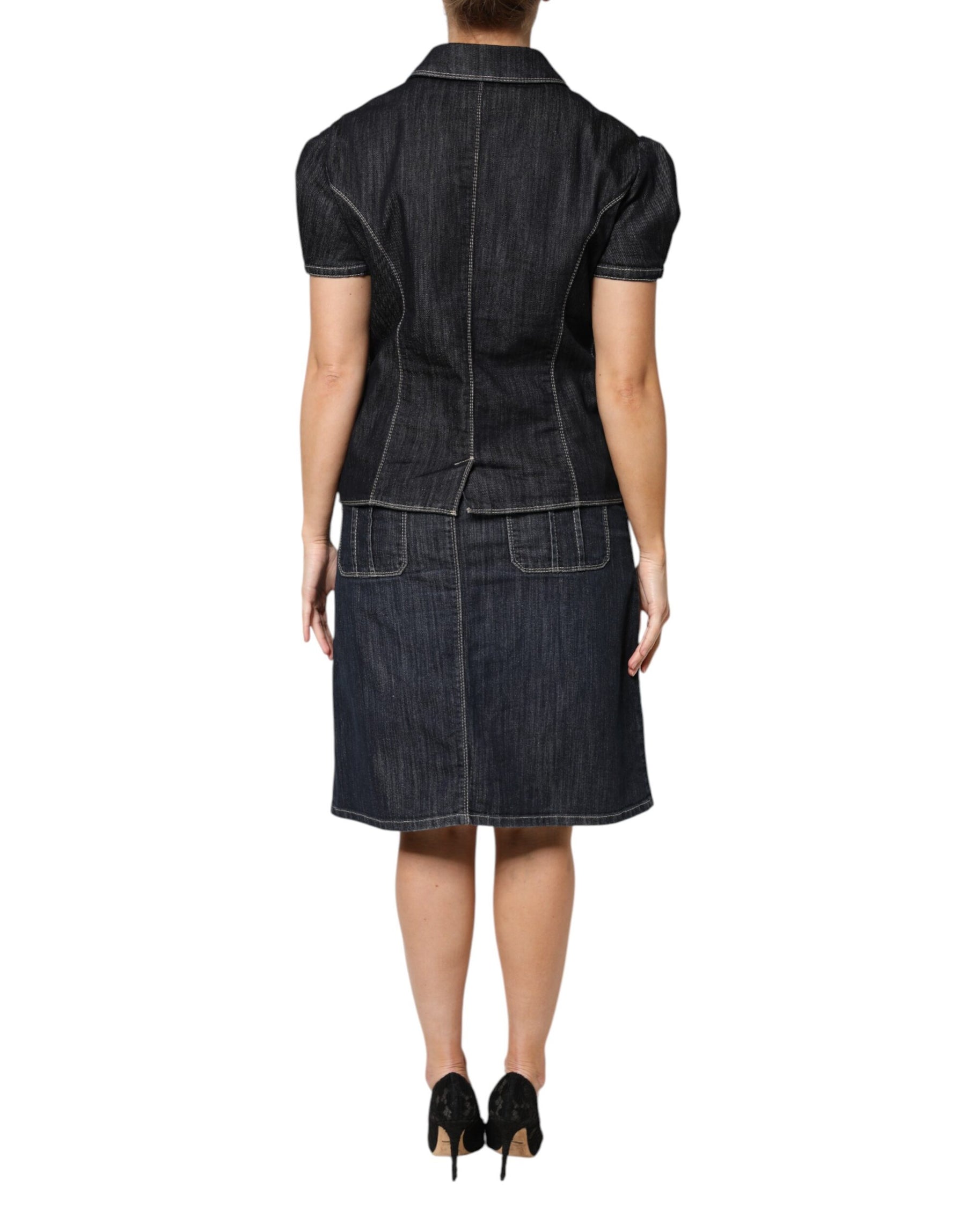 Escada Black Cotton Blend Denim Top Skirt Casual Set | Regal Royce