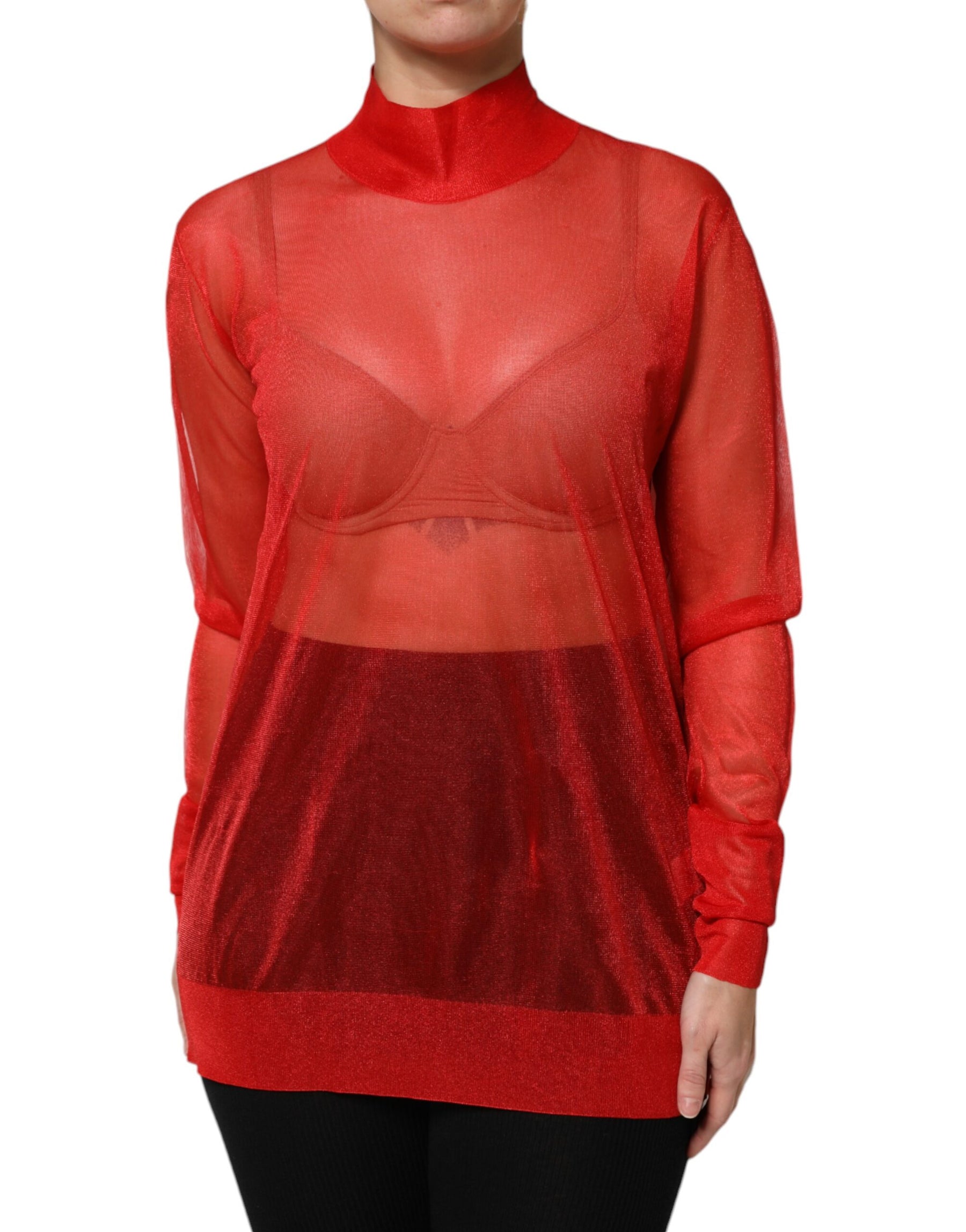 Dolce & Gabbana Red Tulle Turtleneck Long Sleeve Blouse Top | Regal Royce