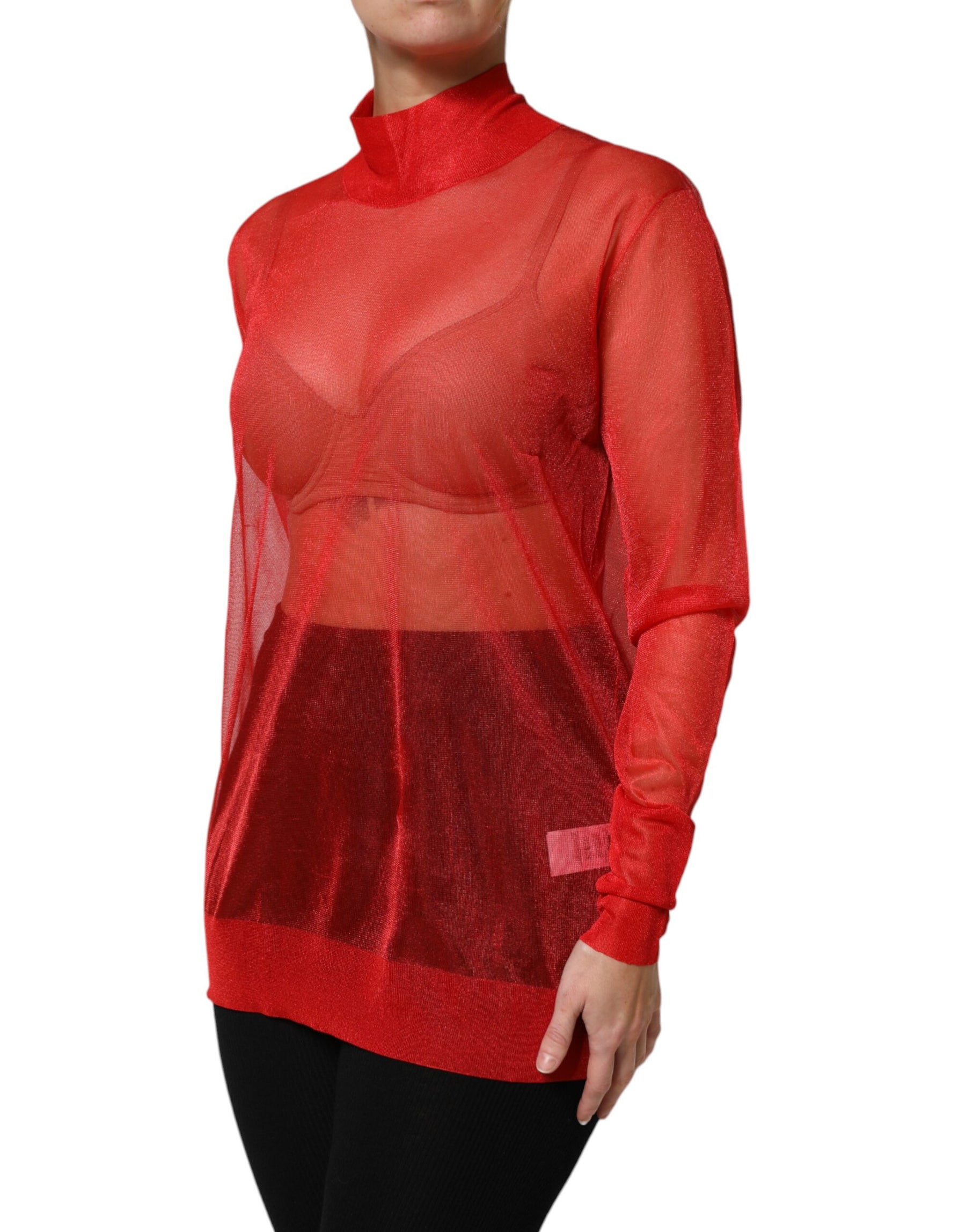 Dolce & Gabbana Red Tulle Turtleneck Long Sleeve Blouse Top | Regal Royce