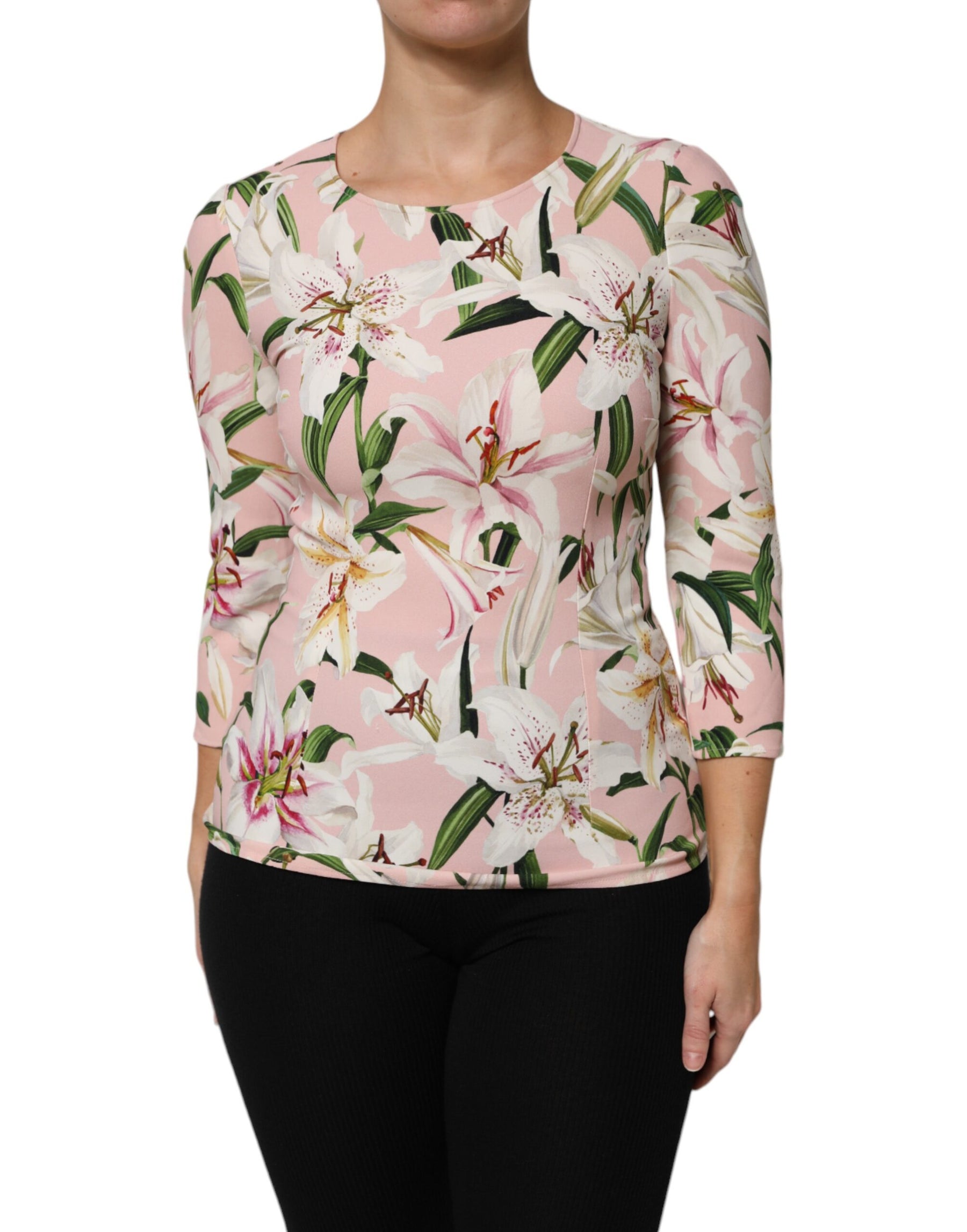 Dolce & Gabbana Pink Lily Print Viscose Round Neck Blouse Top | Regal Royce
