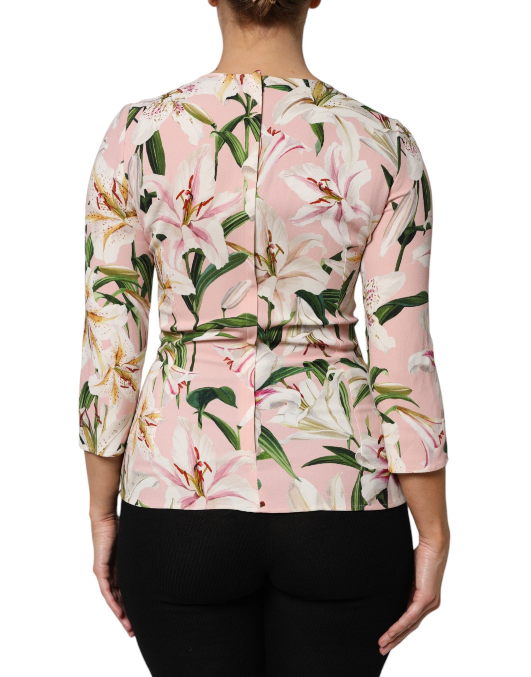 Dolce & Gabbana Pink Lily Print Viscose Round Neck Blouse Top | Regal Royce
