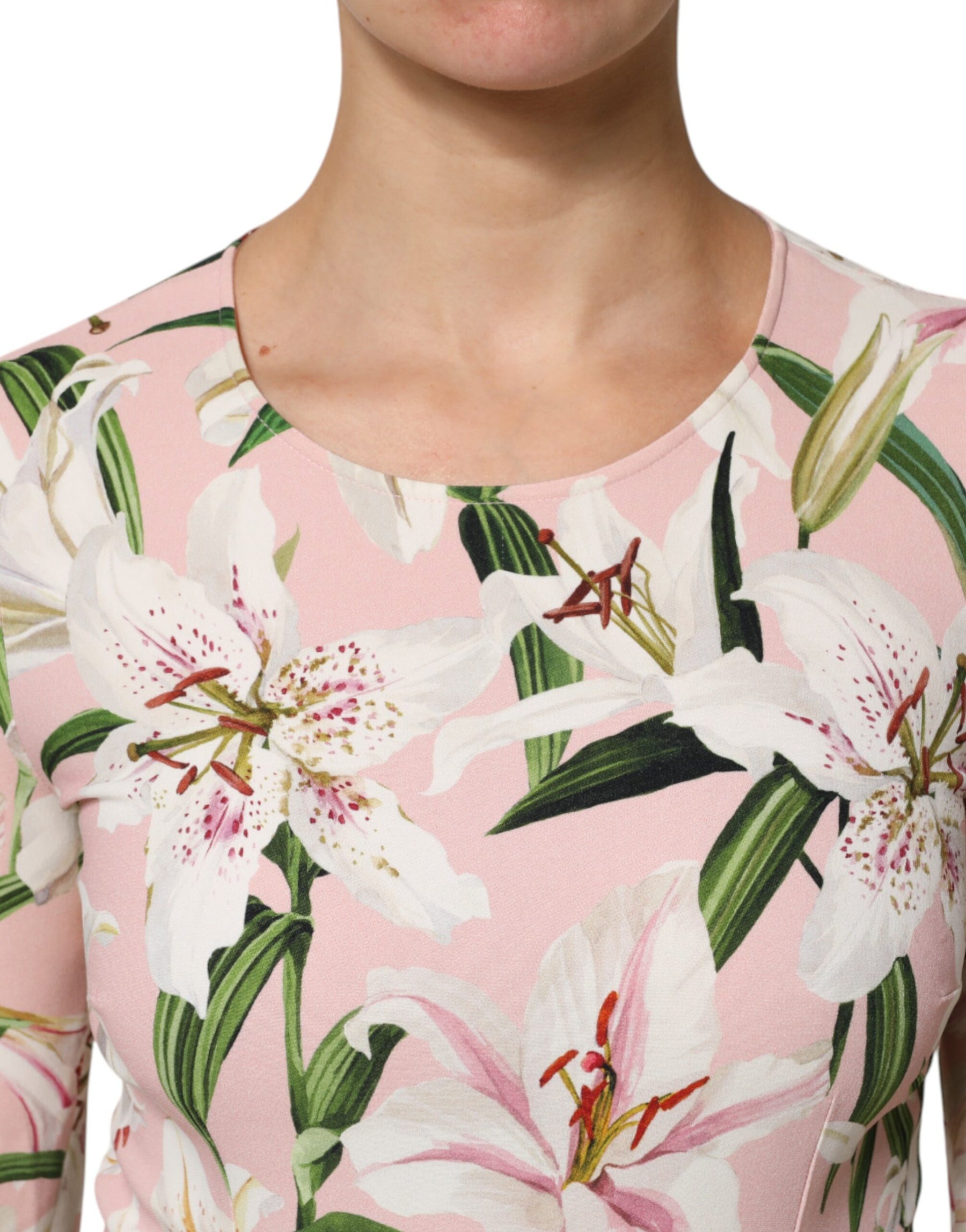 Dolce & Gabbana Pink Lily Print Viscose Round Neck Blouse Top | Regal Royce