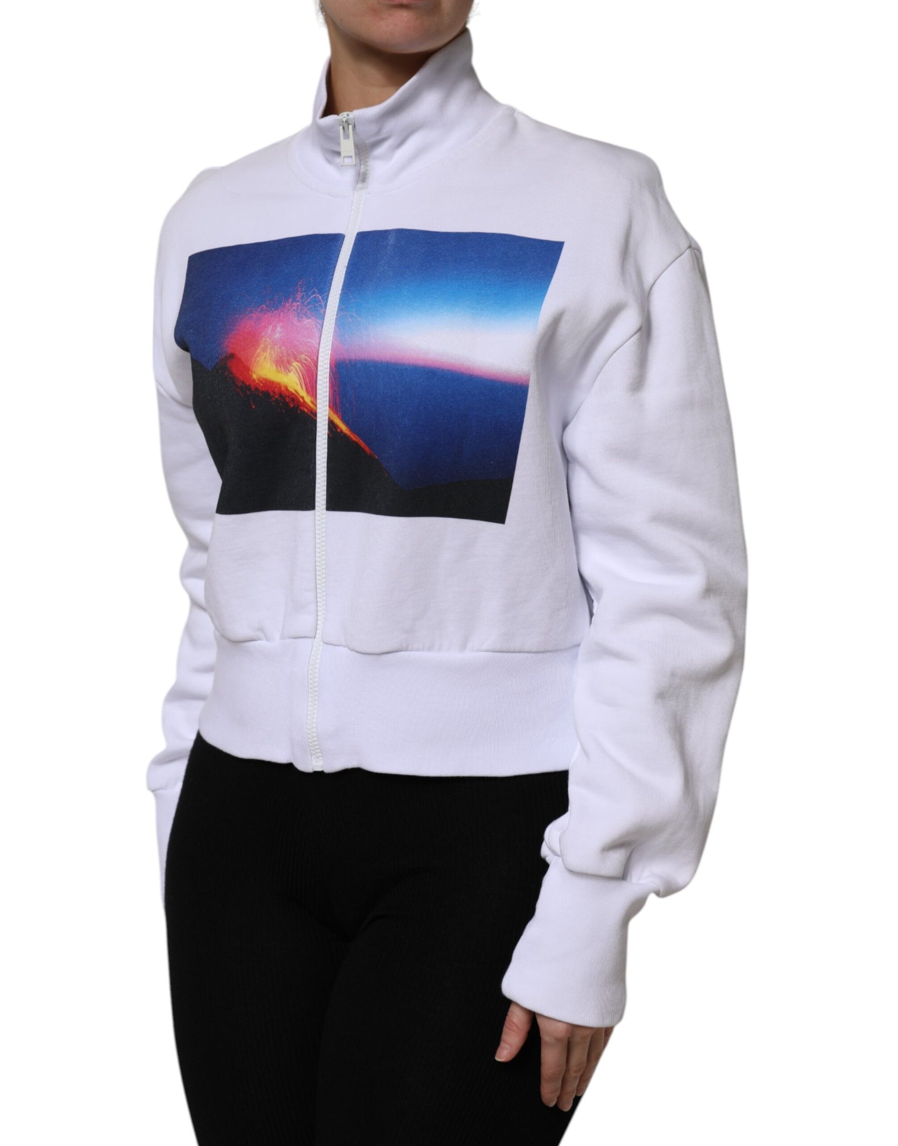 MSGM White Graphic Print Cotton Long Sleeves Full Zip Bomber Jacket | Regal Royce