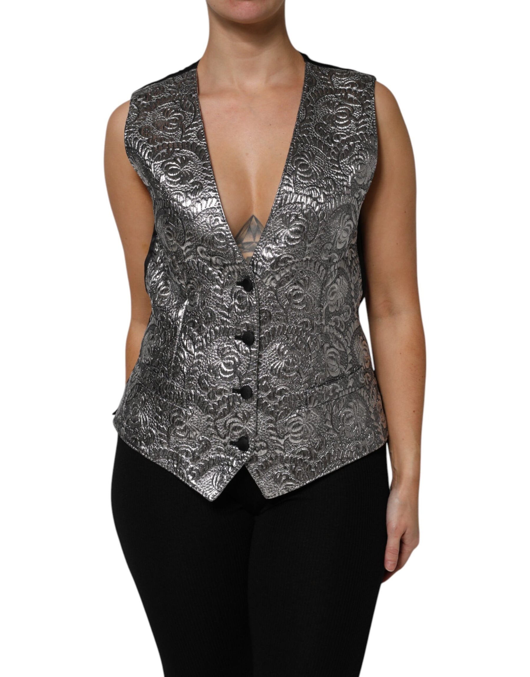 Dolce & Gabbana Silver Floral Jacquard Sleeveless Vest Top | Regal Royce