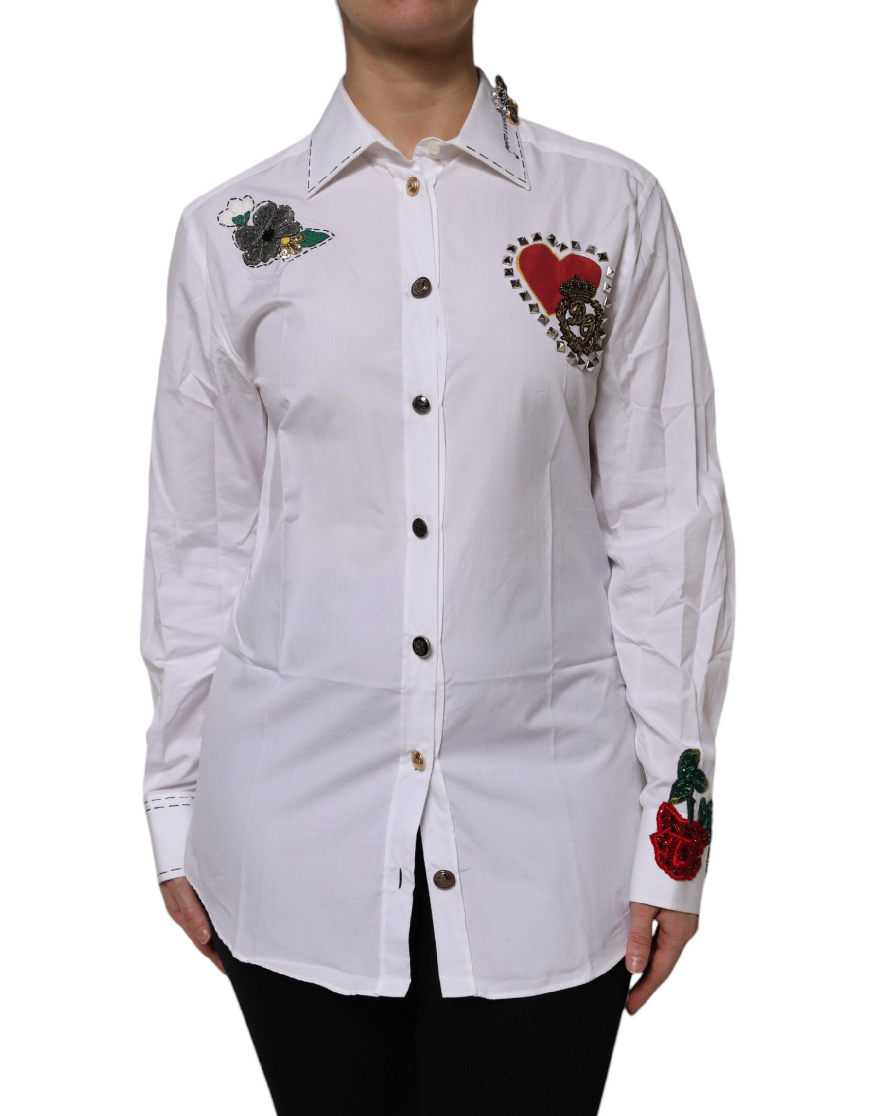 Dolce & Gabbana White Cotton Floral Embellished Shirt Top | Regal Royce