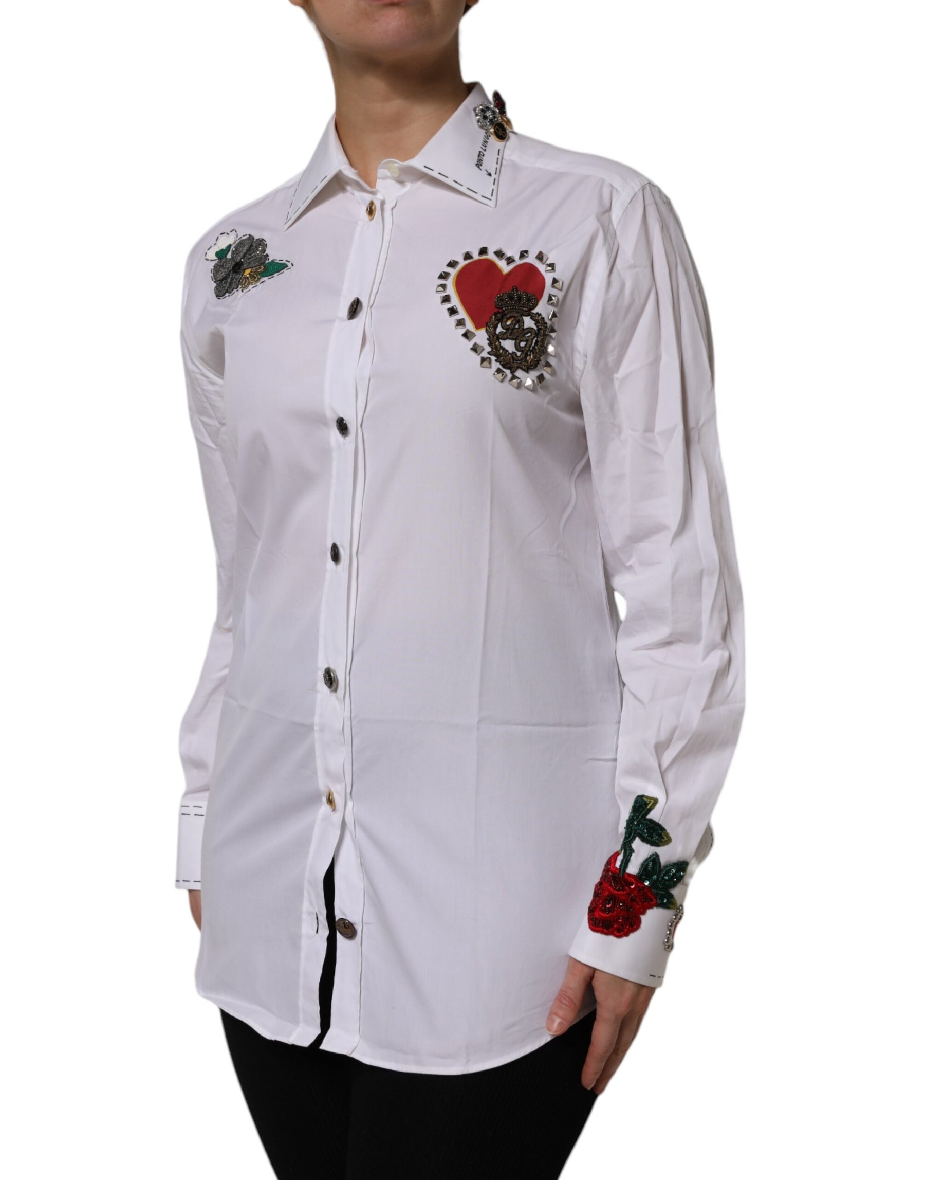 Dolce & Gabbana White Cotton Floral Embellished Shirt Top | Regal Royce