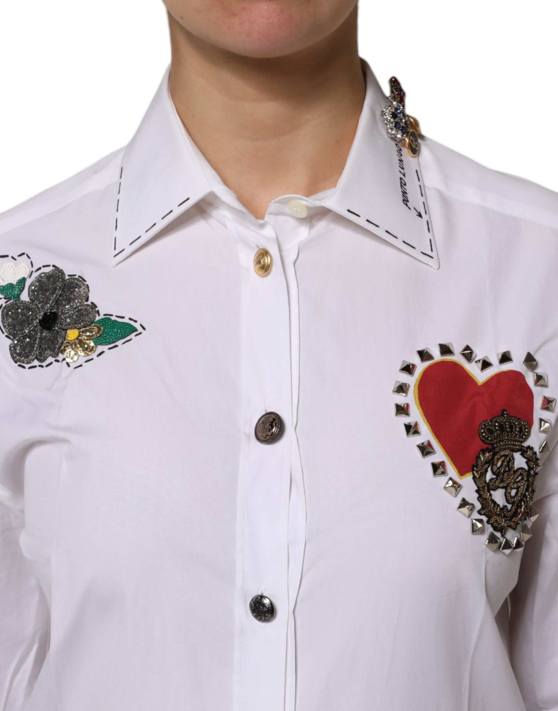 Dolce & Gabbana White Cotton Floral Embellished Shirt Top | Regal Royce