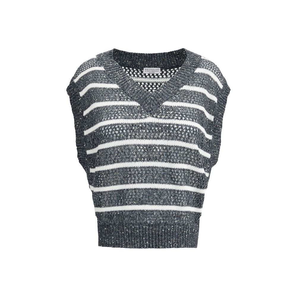Brunello Cucinelli Blue Linen Sleeveles Sweater | Regal Royce