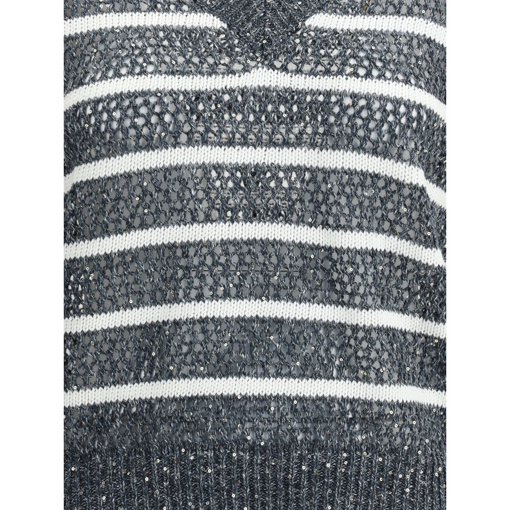 Brunello Cucinelli Blue Linen Sleeveles Sweater | Regal Royce