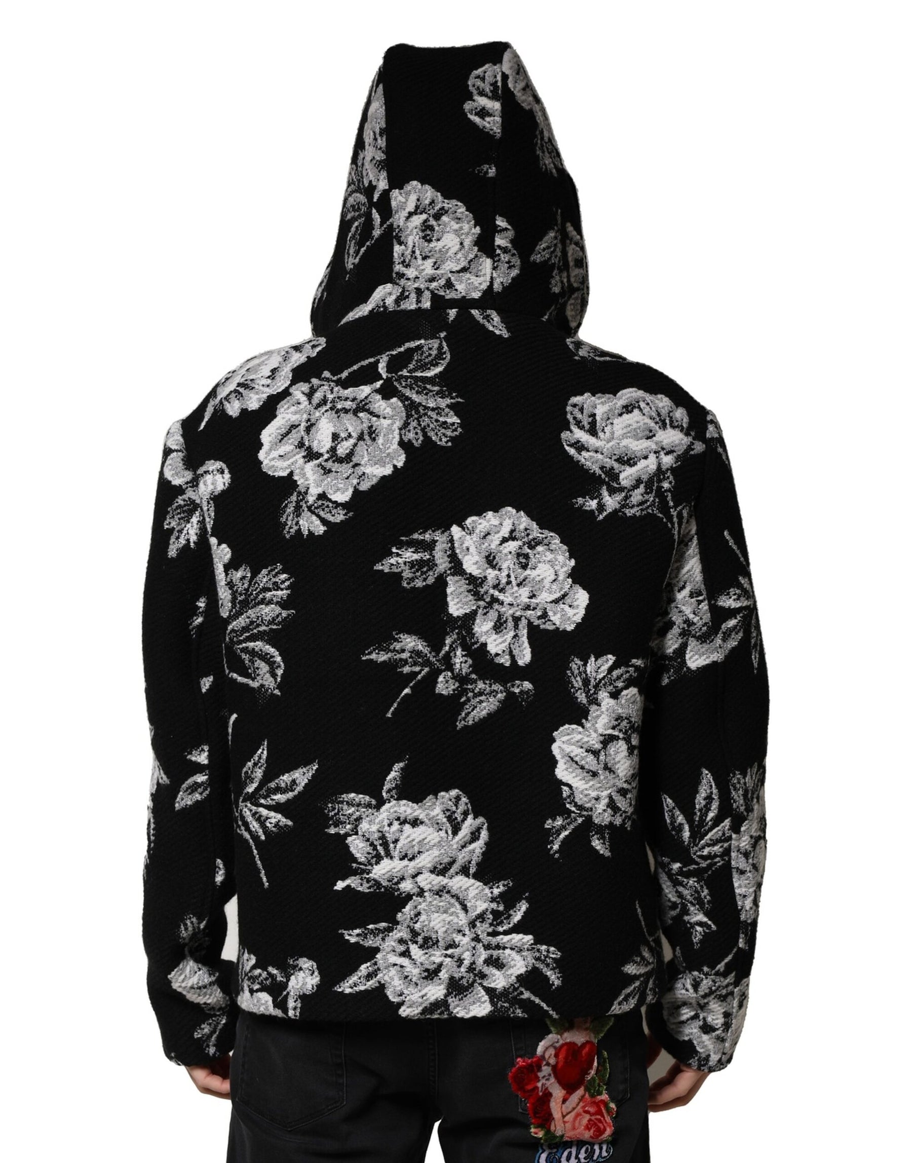 Dolce & Gabbana Black Wool Floral Printed Men Hooded Jacket | Regal Royce