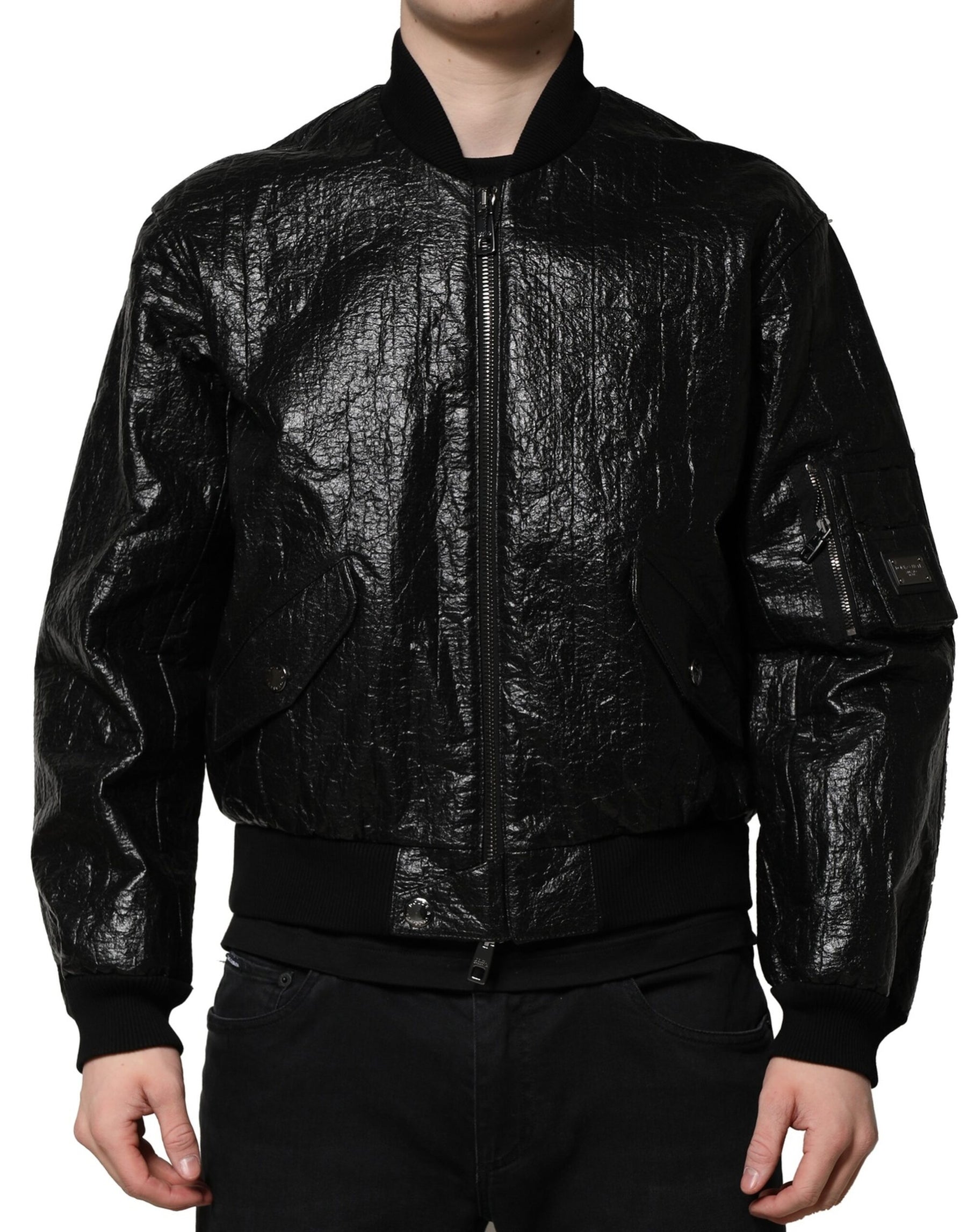 Dolce & Gabbana Black Logo Plaque Bomber Full Zipper Jacket | Regal Royce