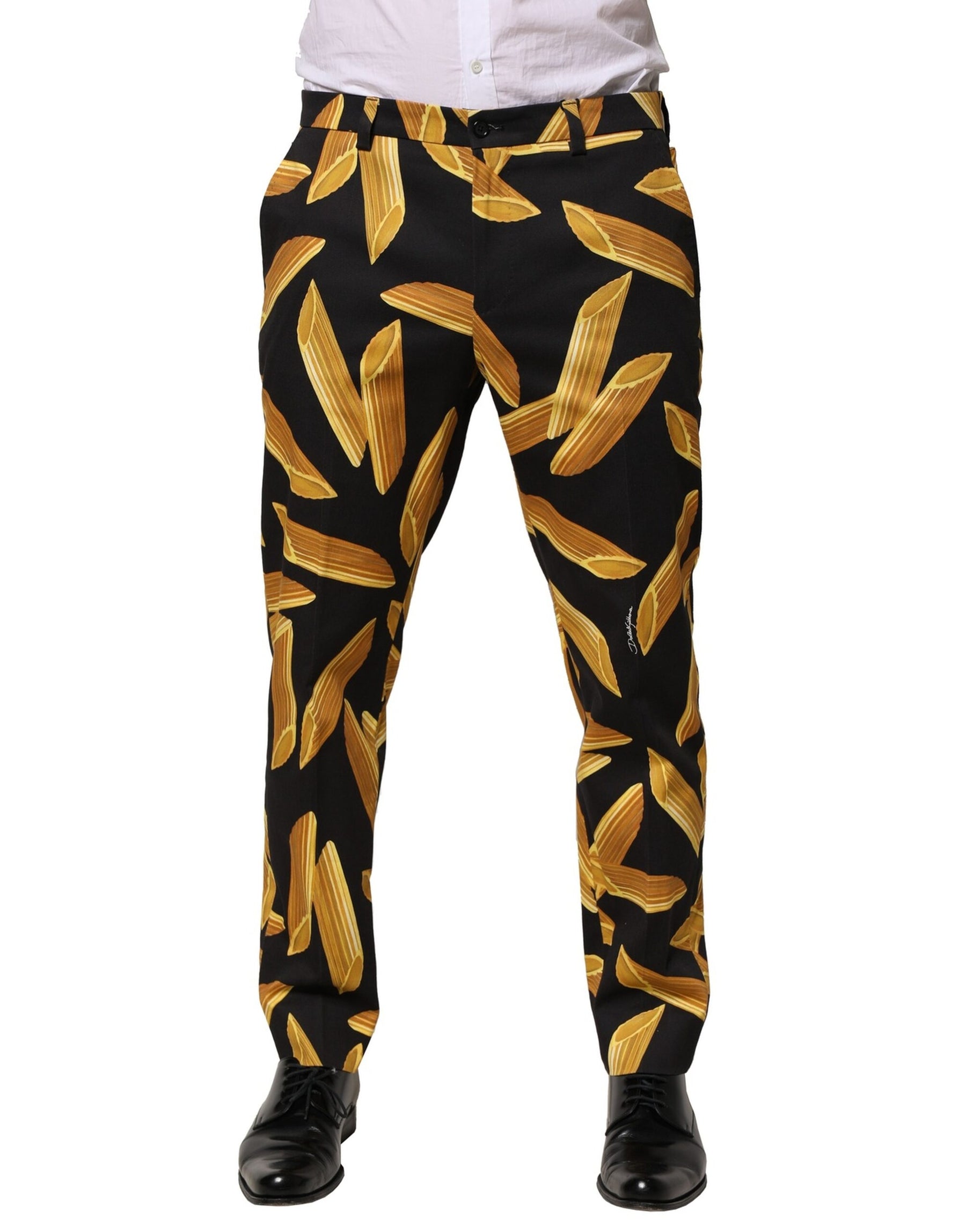 Dolce & Gabbana Black Pasta Print Tapered Men Pants | Regal Royce