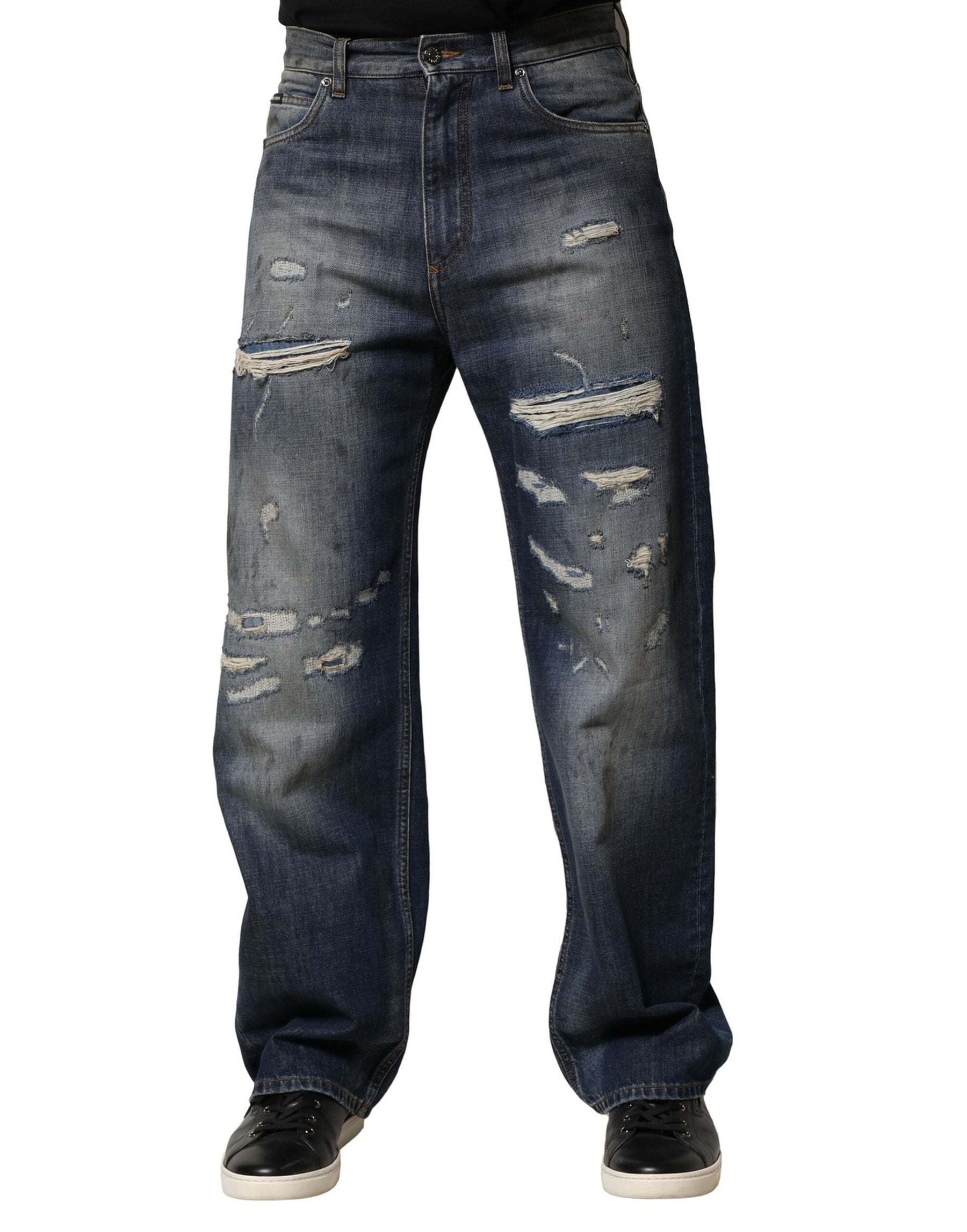 Dolce & Gabbana Blue Washed Tattered Cotton Men Jeans | Regal Royce