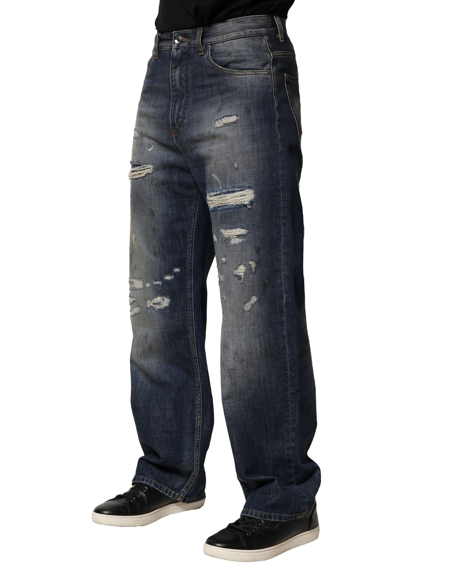 Dolce & Gabbana Blue Washed Tattered Cotton Men Jeans | Regal Royce