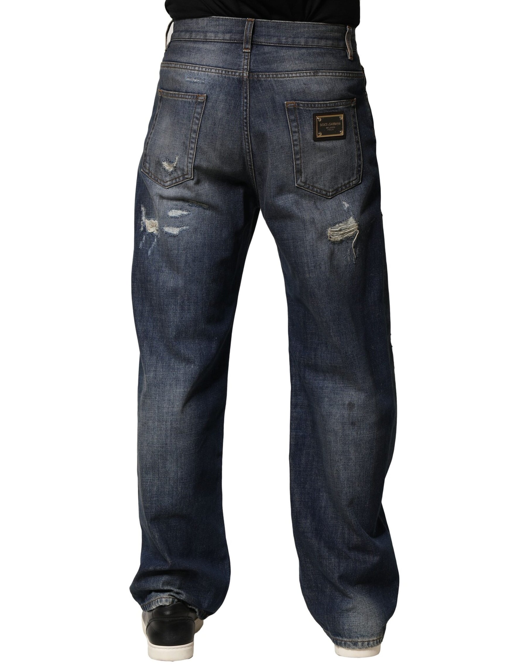 Dolce & Gabbana Blue Washed Tattered Cotton Men Jeans | Regal Royce