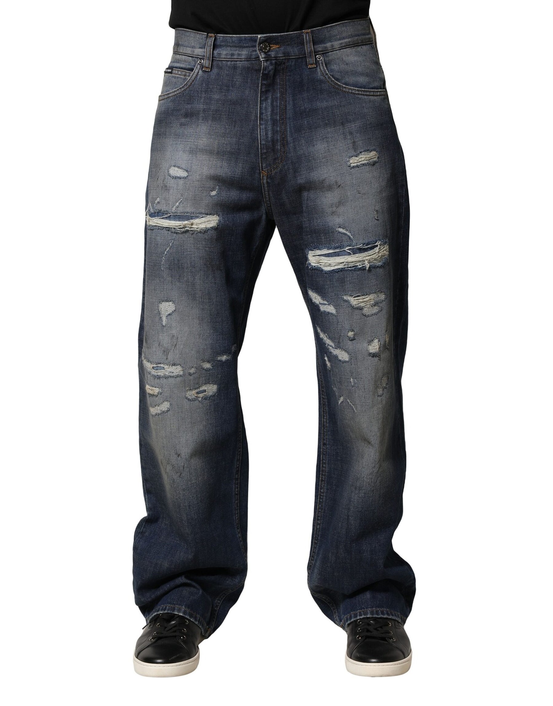 Dolce & Gabbana Blue Washed Tattered Cotton Men Jeans | Regal Royce