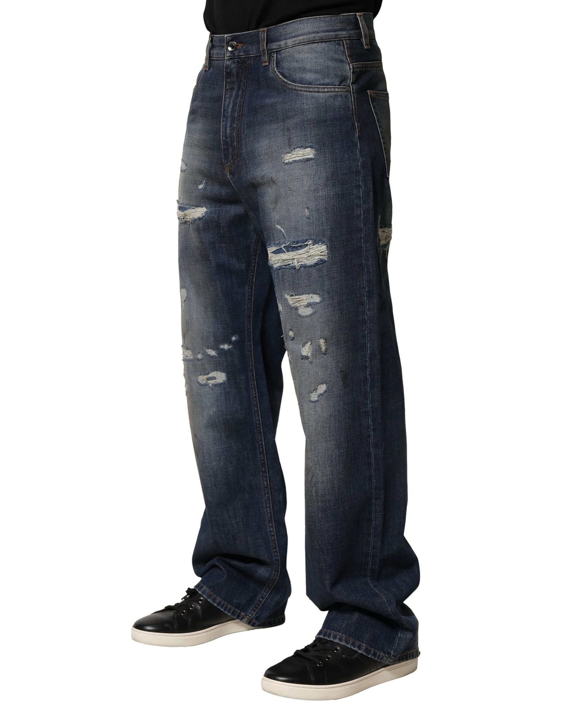 Dolce & Gabbana Blue Washed Tattered Cotton Men Jeans | Regal Royce