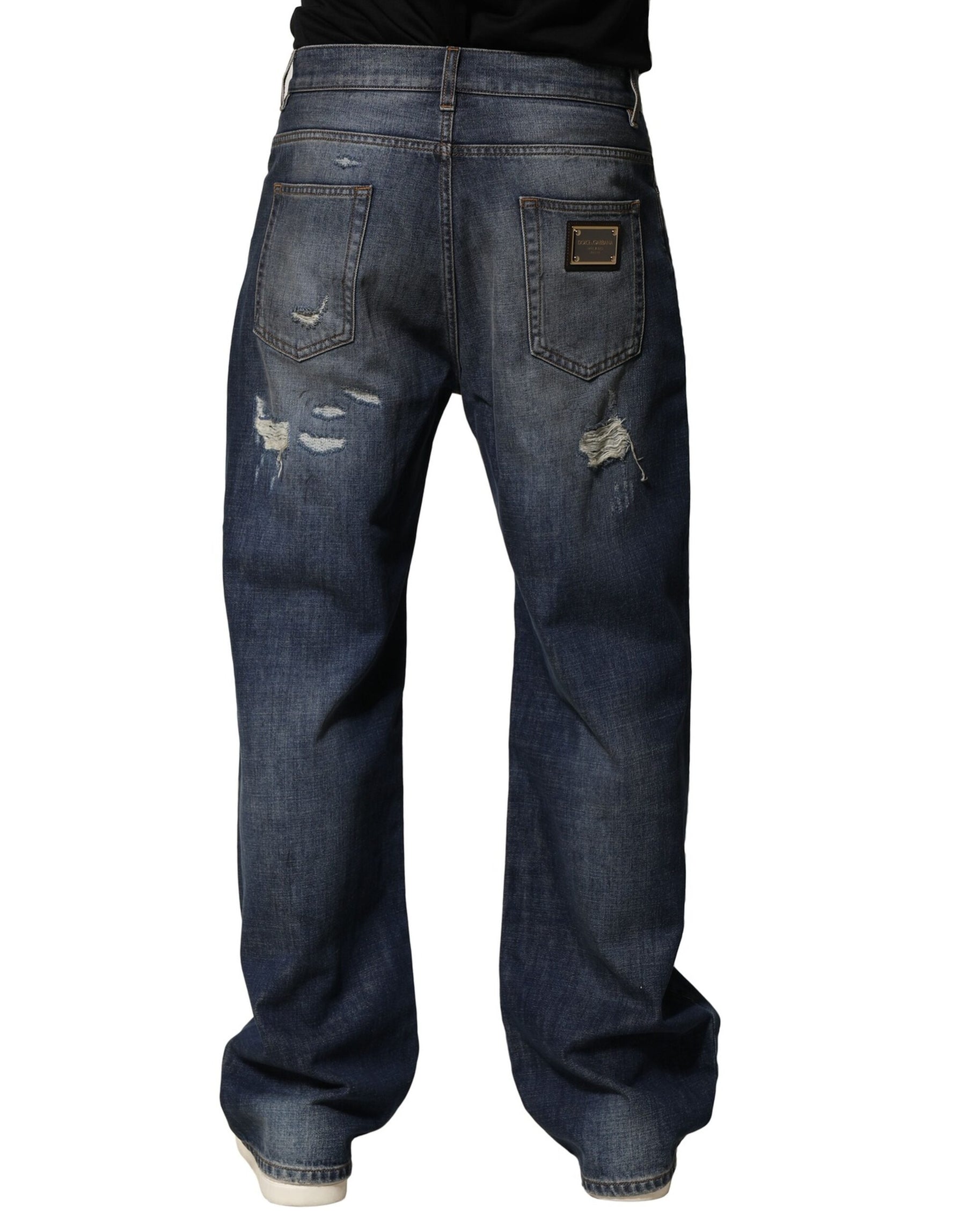 Dolce & Gabbana Blue Washed Tattered Cotton Men Jeans | Regal Royce