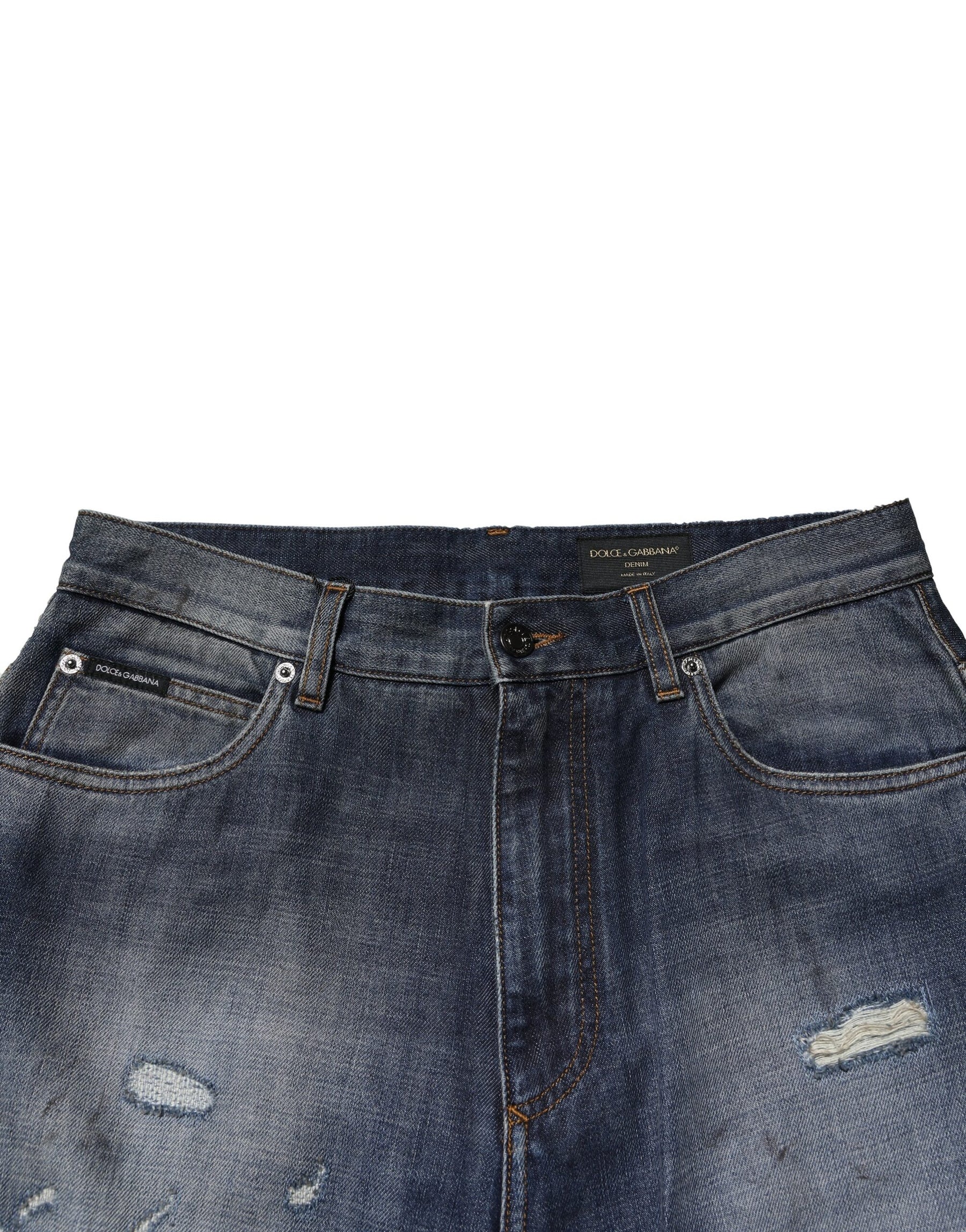 Dolce & Gabbana Blue Washed Tattered Cotton Men Jeans | Regal Royce