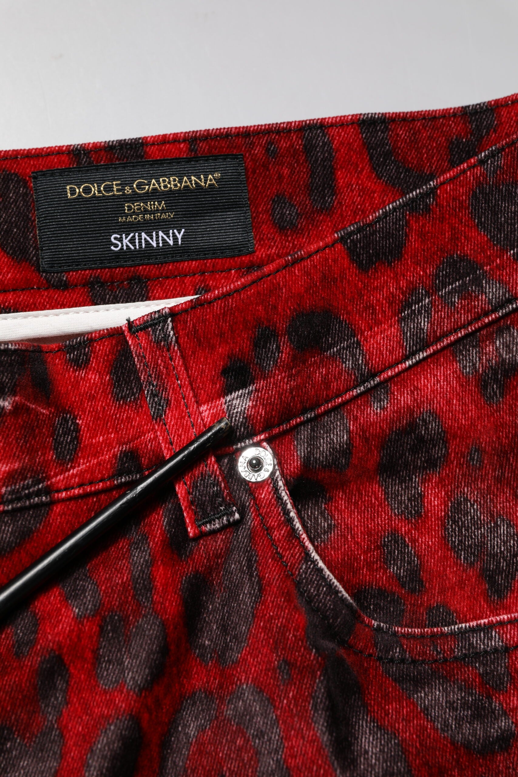Dolce & Gabbana Red Leopard Print Cotton Skinny Denim Jeans | Regal Royce