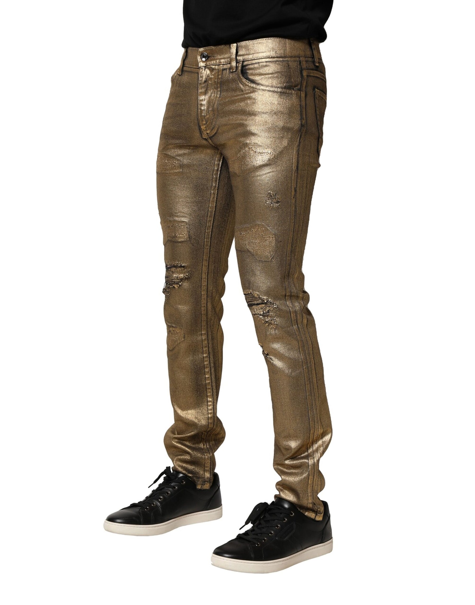 Dolce & Gabbana Gold Tattered Cotton Stretch Slim Denim Jeans | Regal Royce
